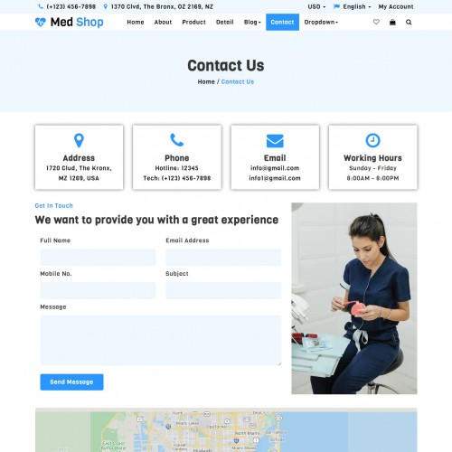 Medicine store contact page design in bootstrap