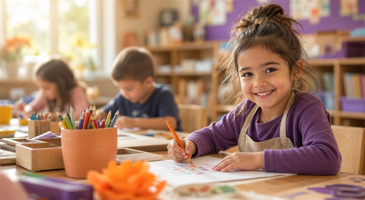 Children working happily in a colorful classroom