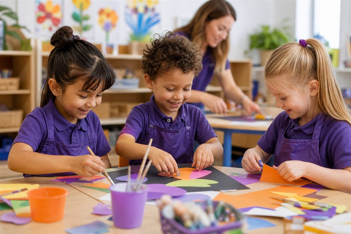 Teacher and children reading together in class