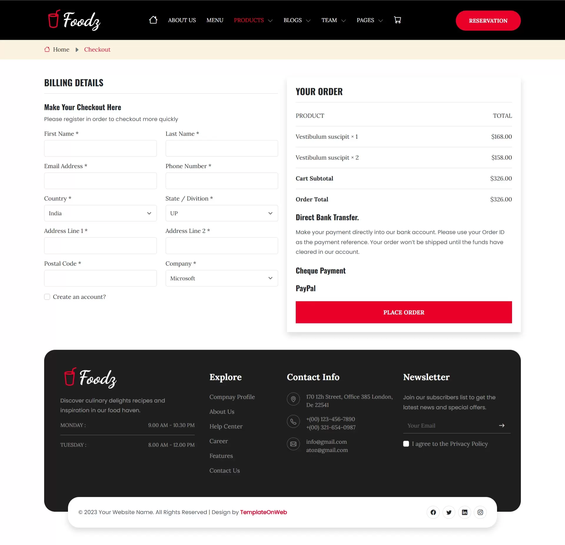 Online shopping order checkout page in bootstrap 5