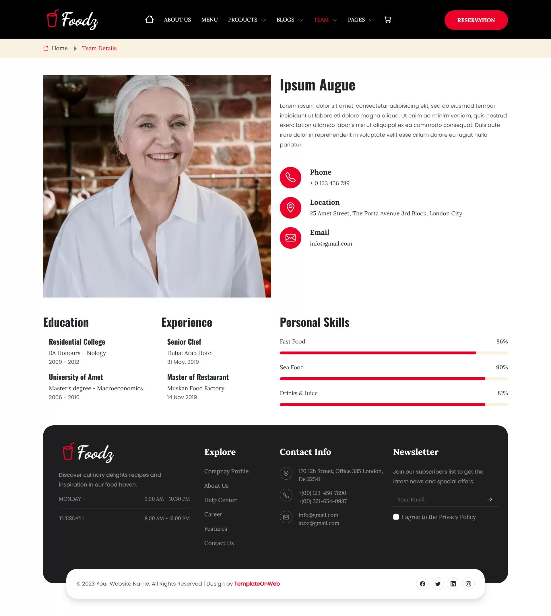 Chef details page to display contact details, experience, and cooking skills
