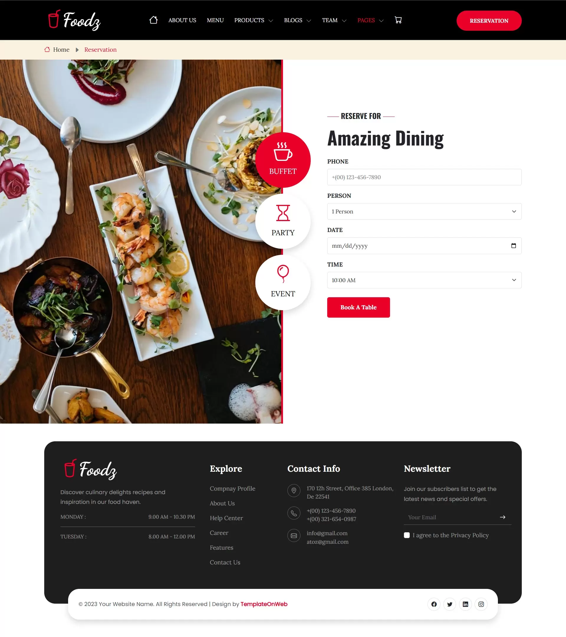 Table booking form with date & time selection