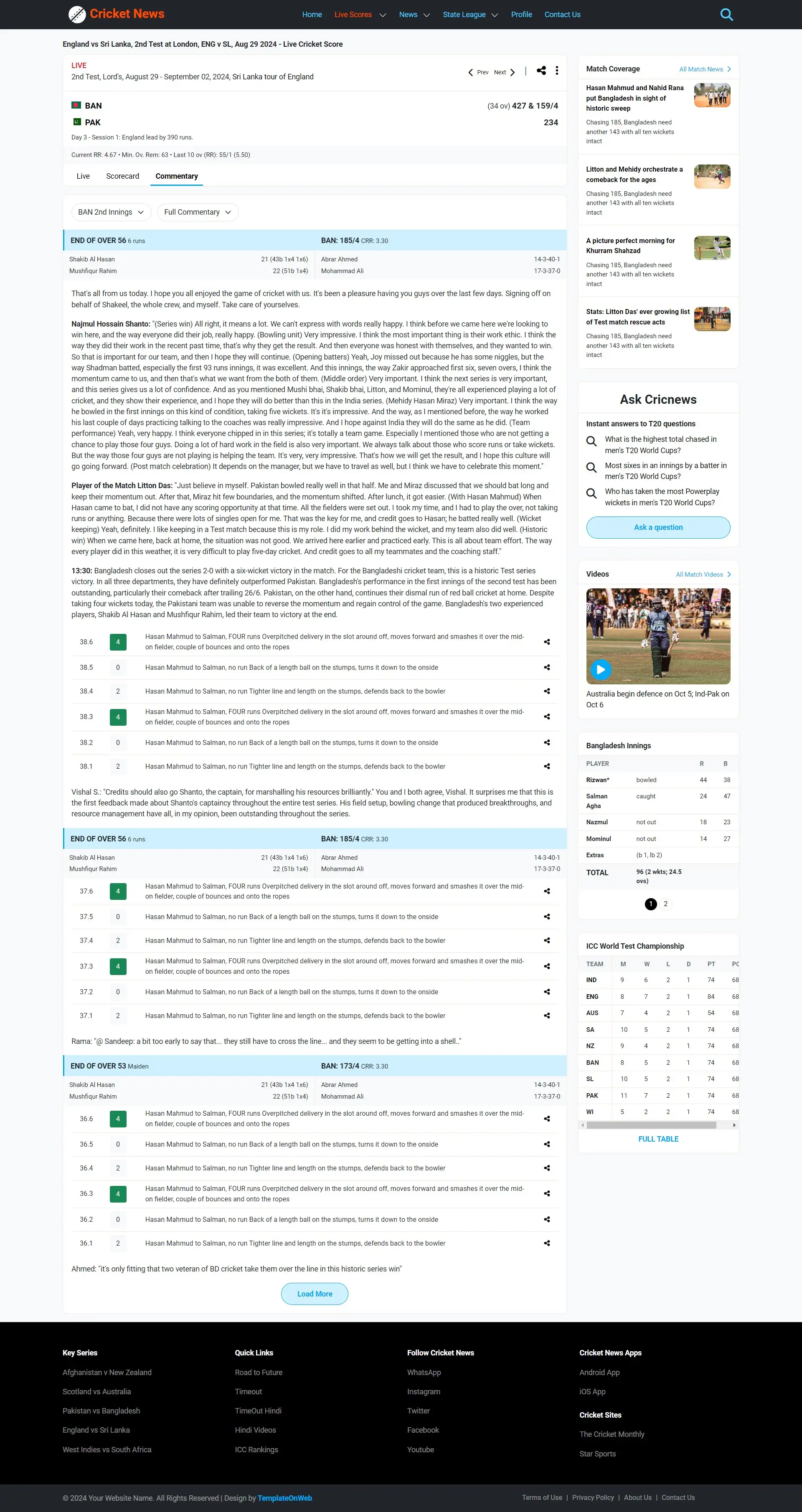 Live cricket match commentry page template