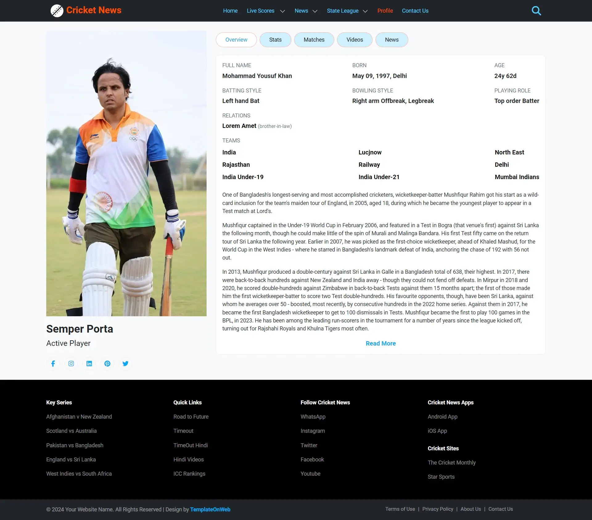 Cricket player profile page template showing stats, bios and player videos