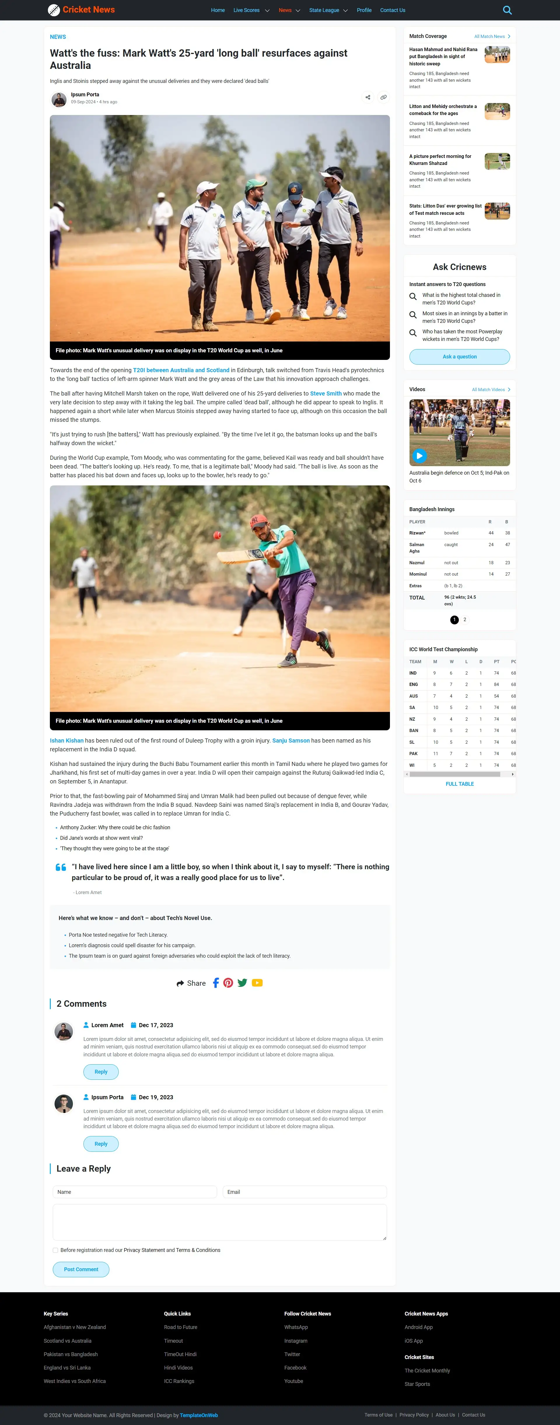 Cricket world news details page template with users comment section