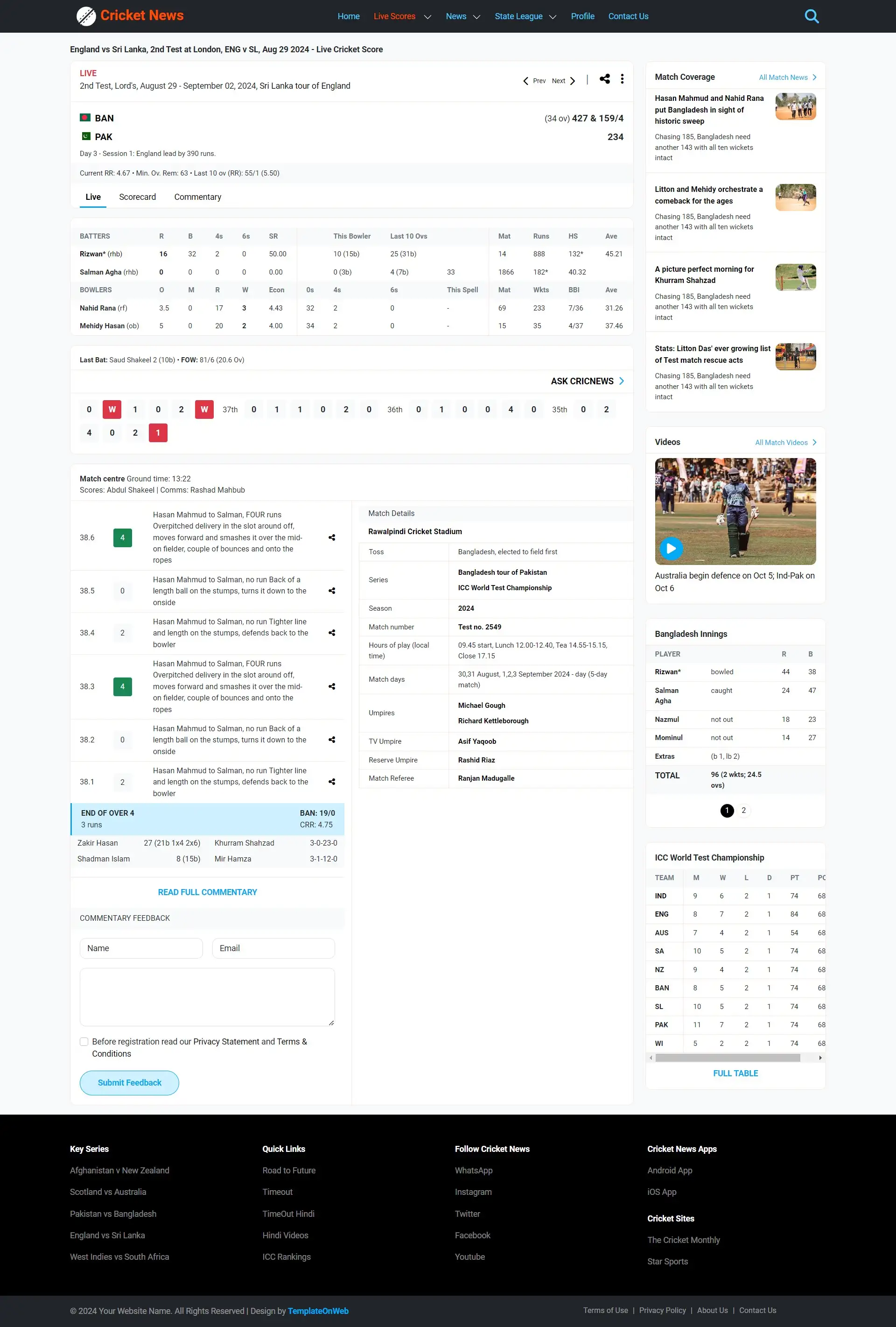 Live scores page in the cricket website template displaying real-time match updates