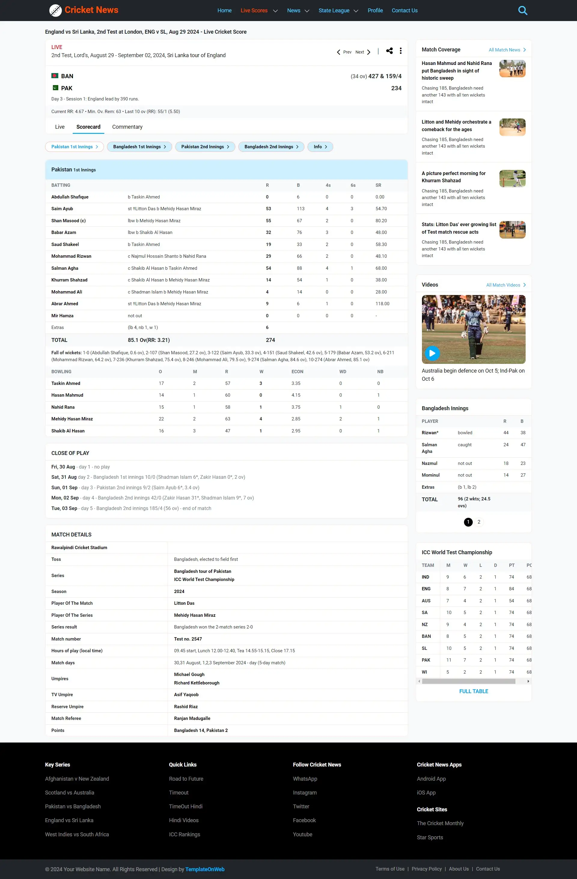 Live scorecard web page showing details match score