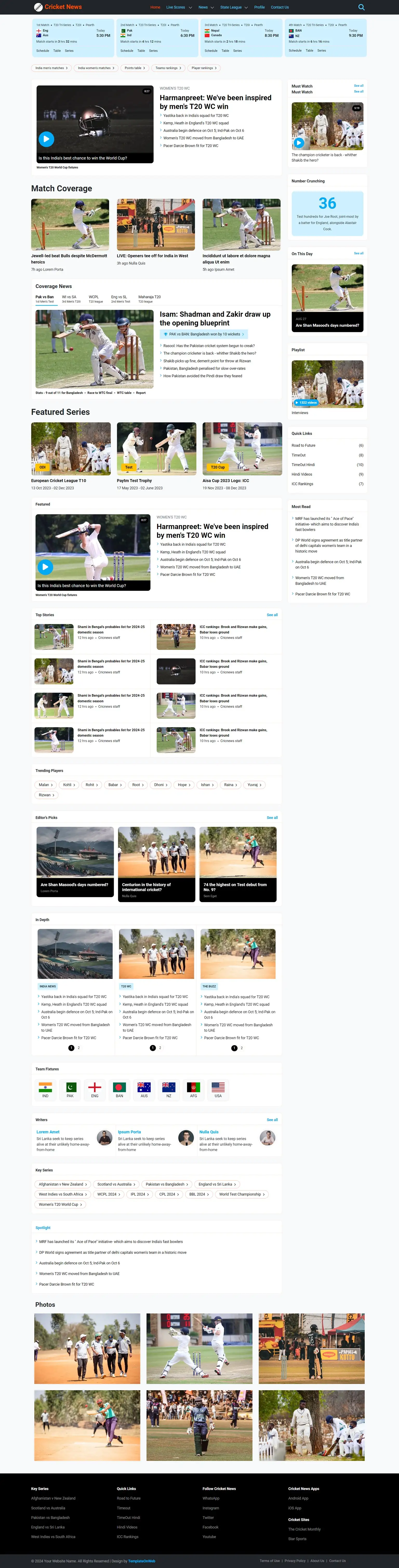 Cricket website template homepage with match highlights and news sections