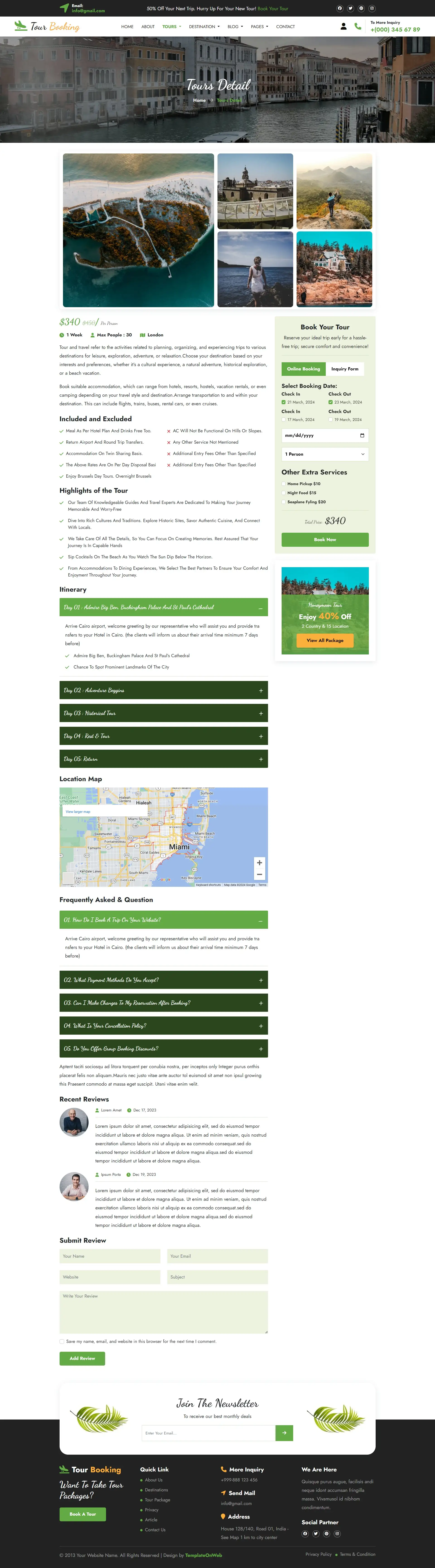 Tour price details and booking web page