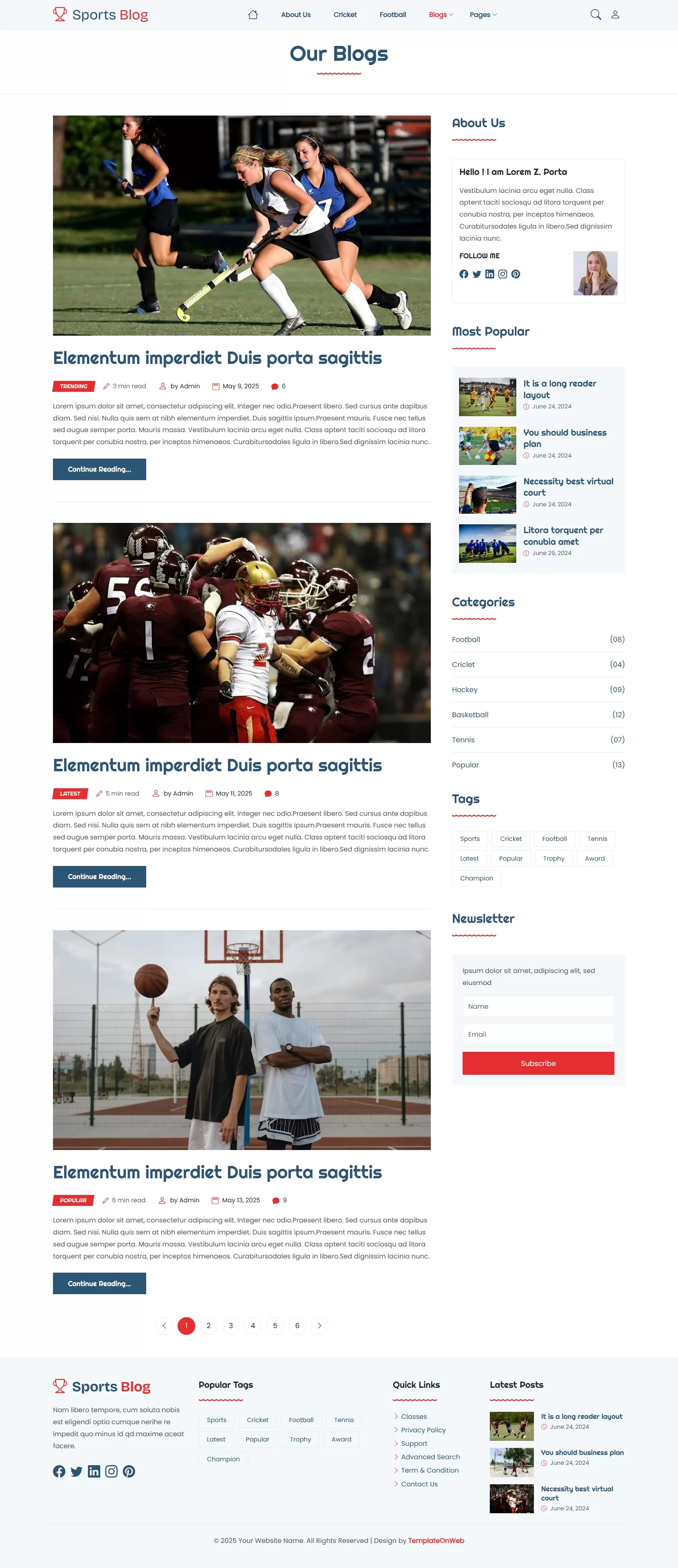 Website template blogs list page showing recent articles and summaries
