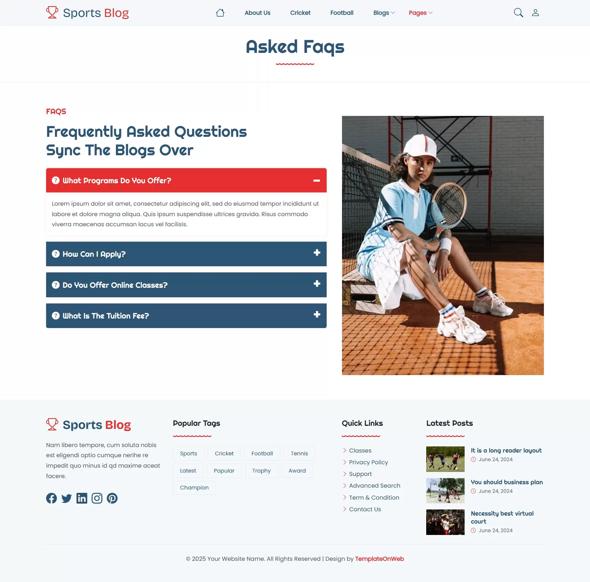 FAQs page preview showing collapsible Q&A sections