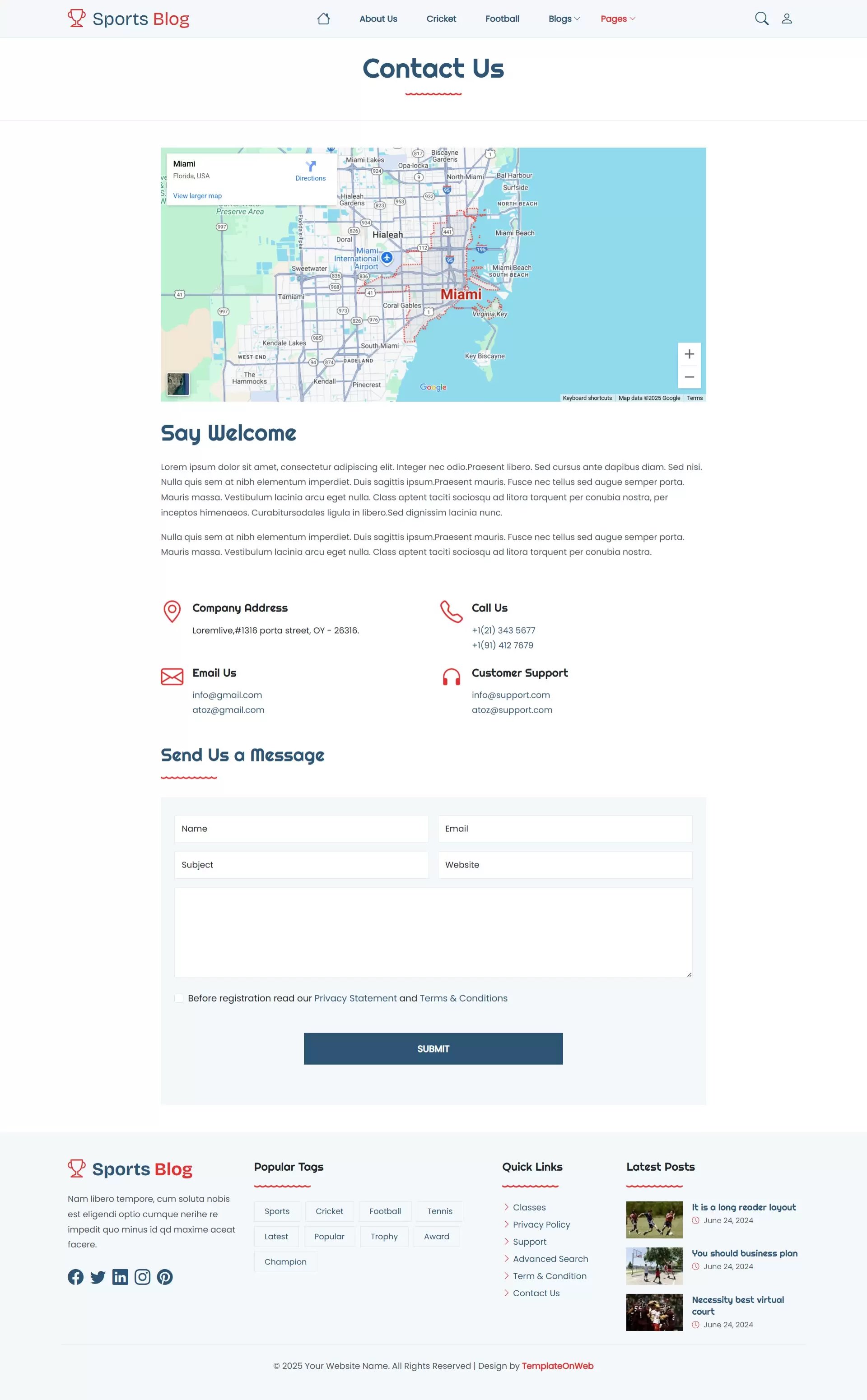 Modern website contact page design featuring address, phone, and form