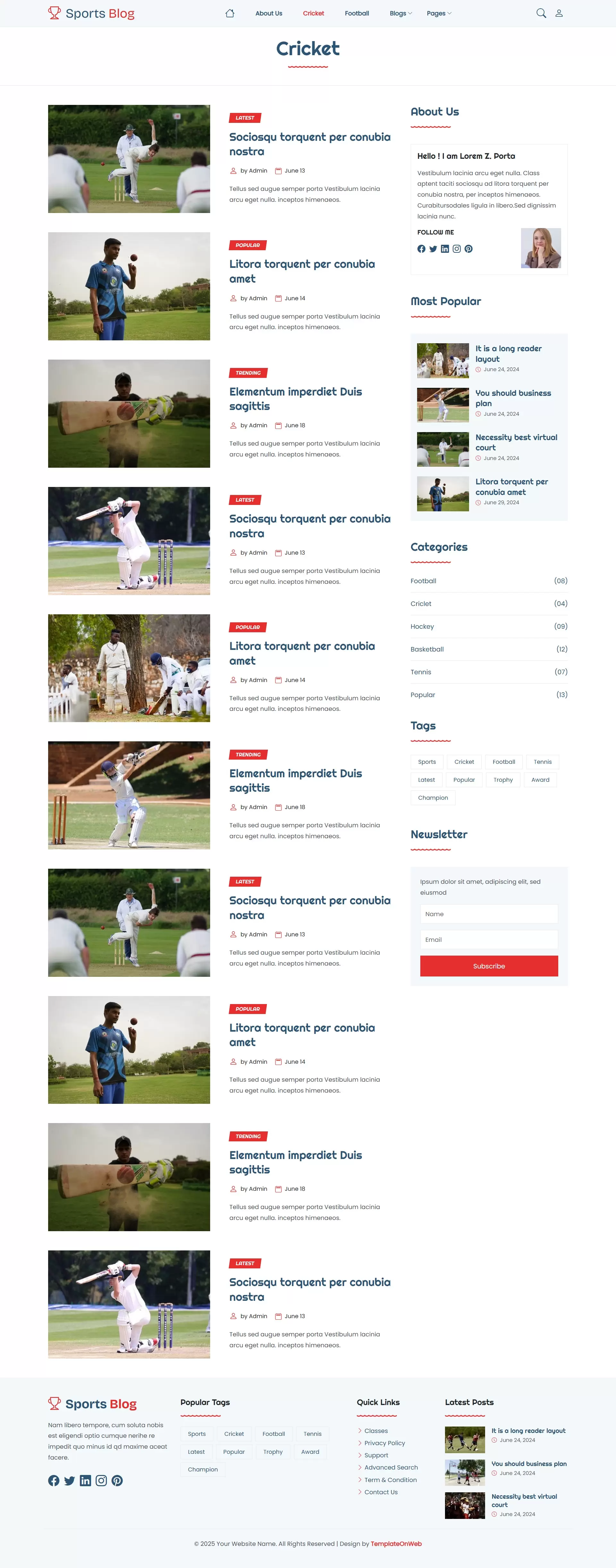 Modern cricket website template blog list layout with news and updates