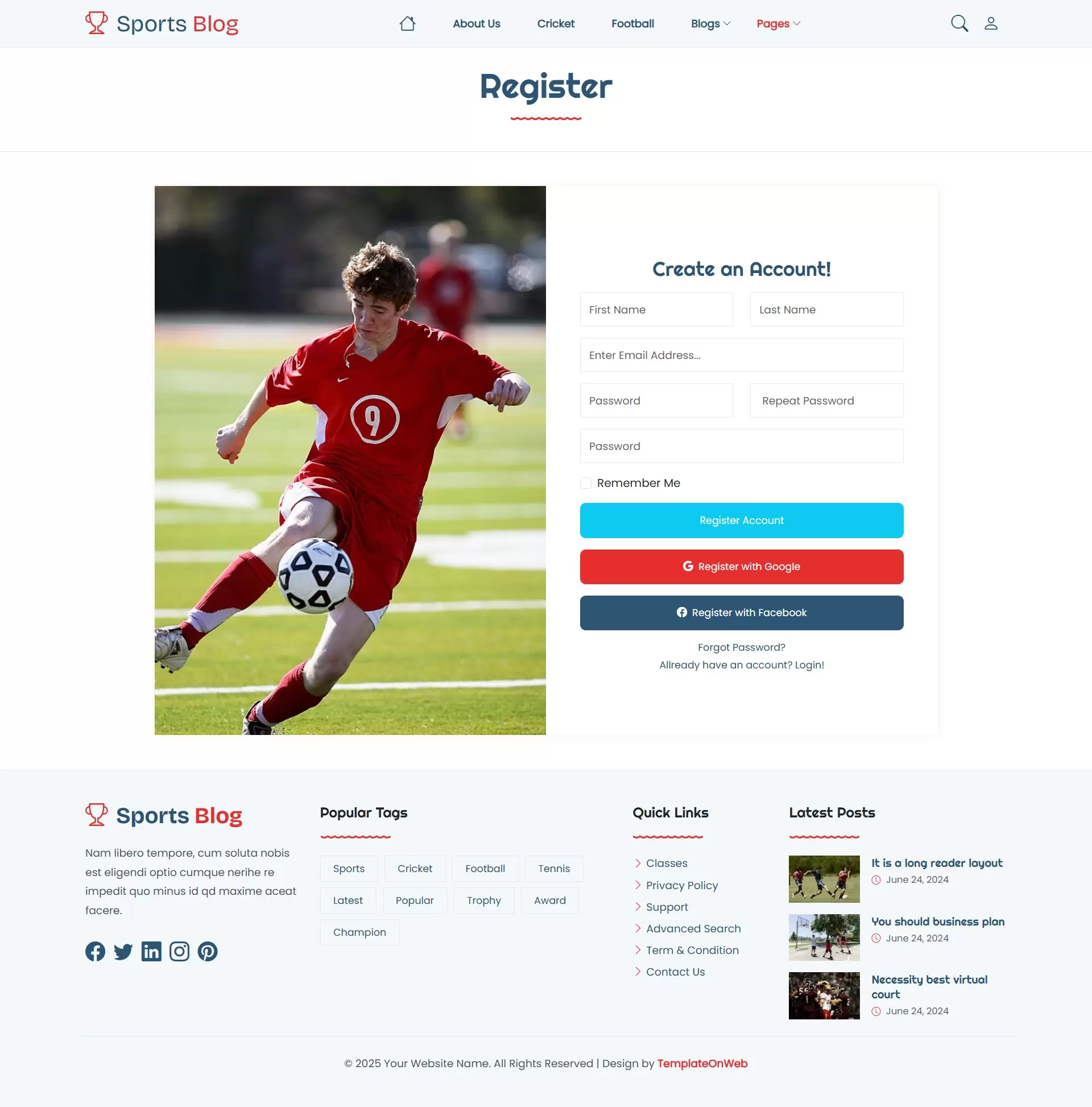 Login page screenshot from website template with email and password fields