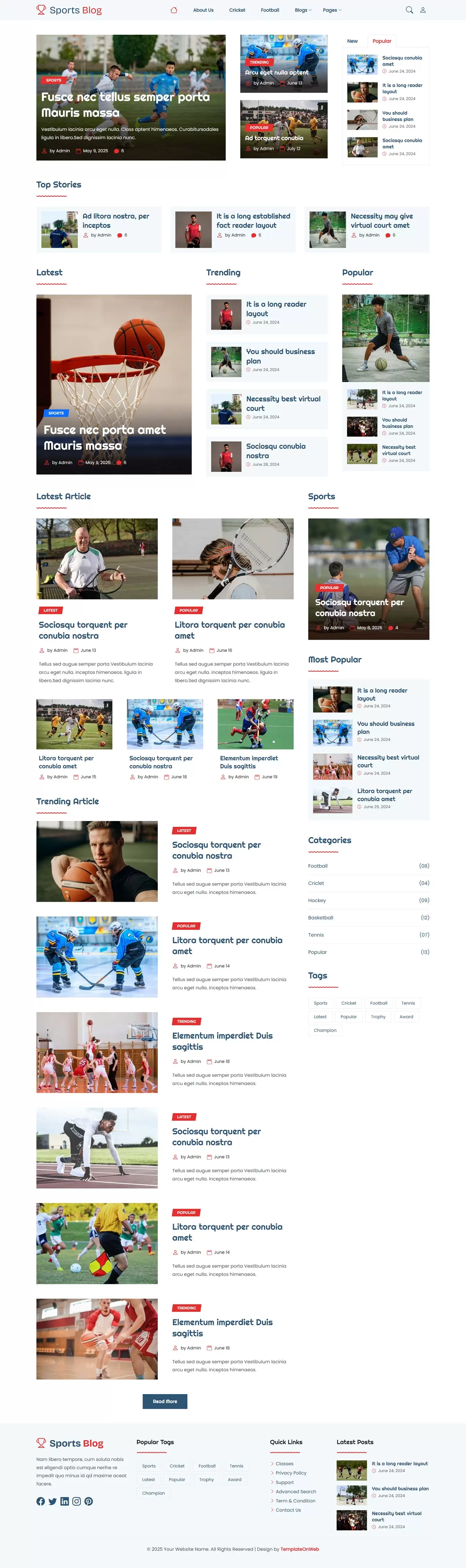 Responsive sports blog template home preview showing featured posts