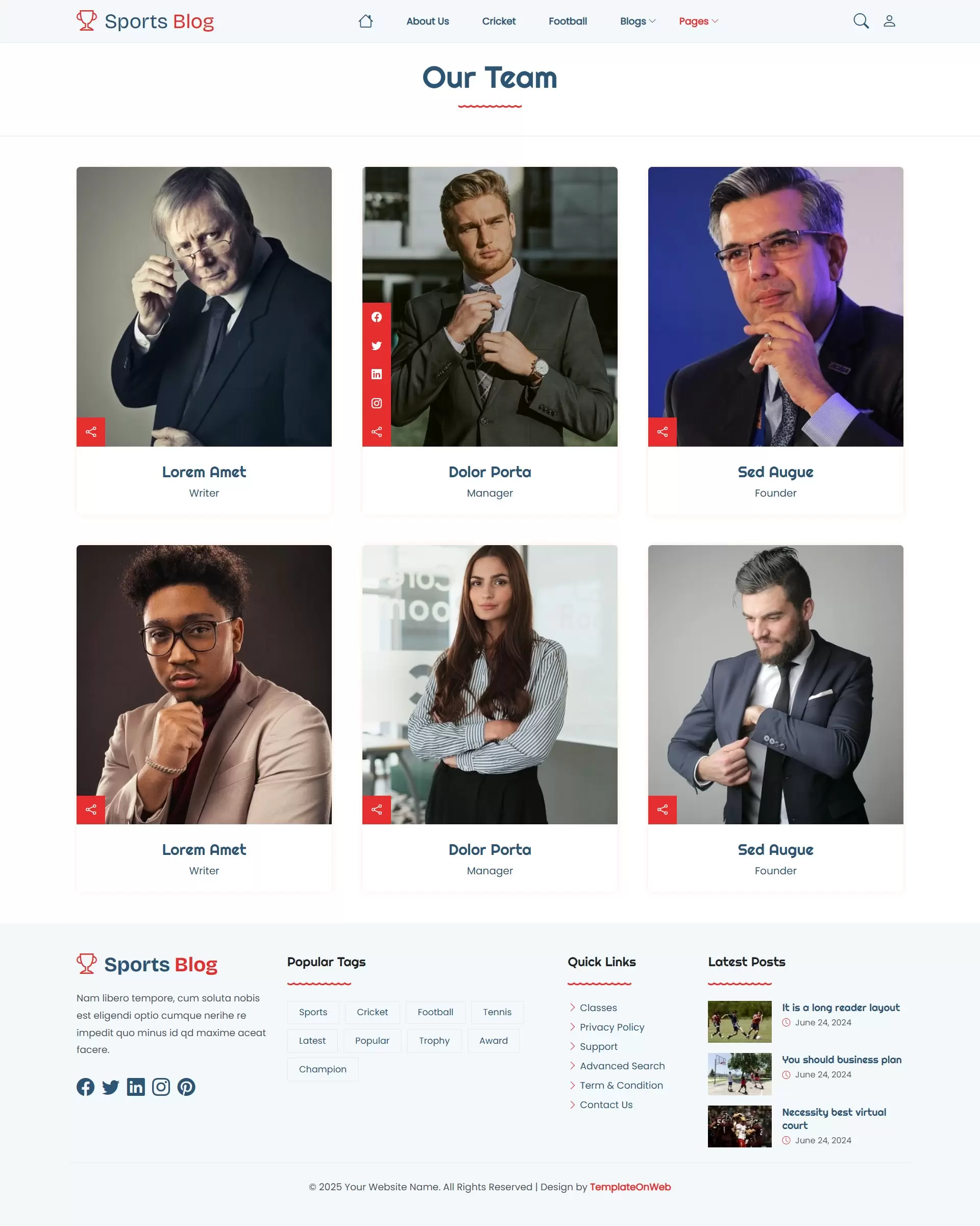 Sports club blog template teams page design with member profiles