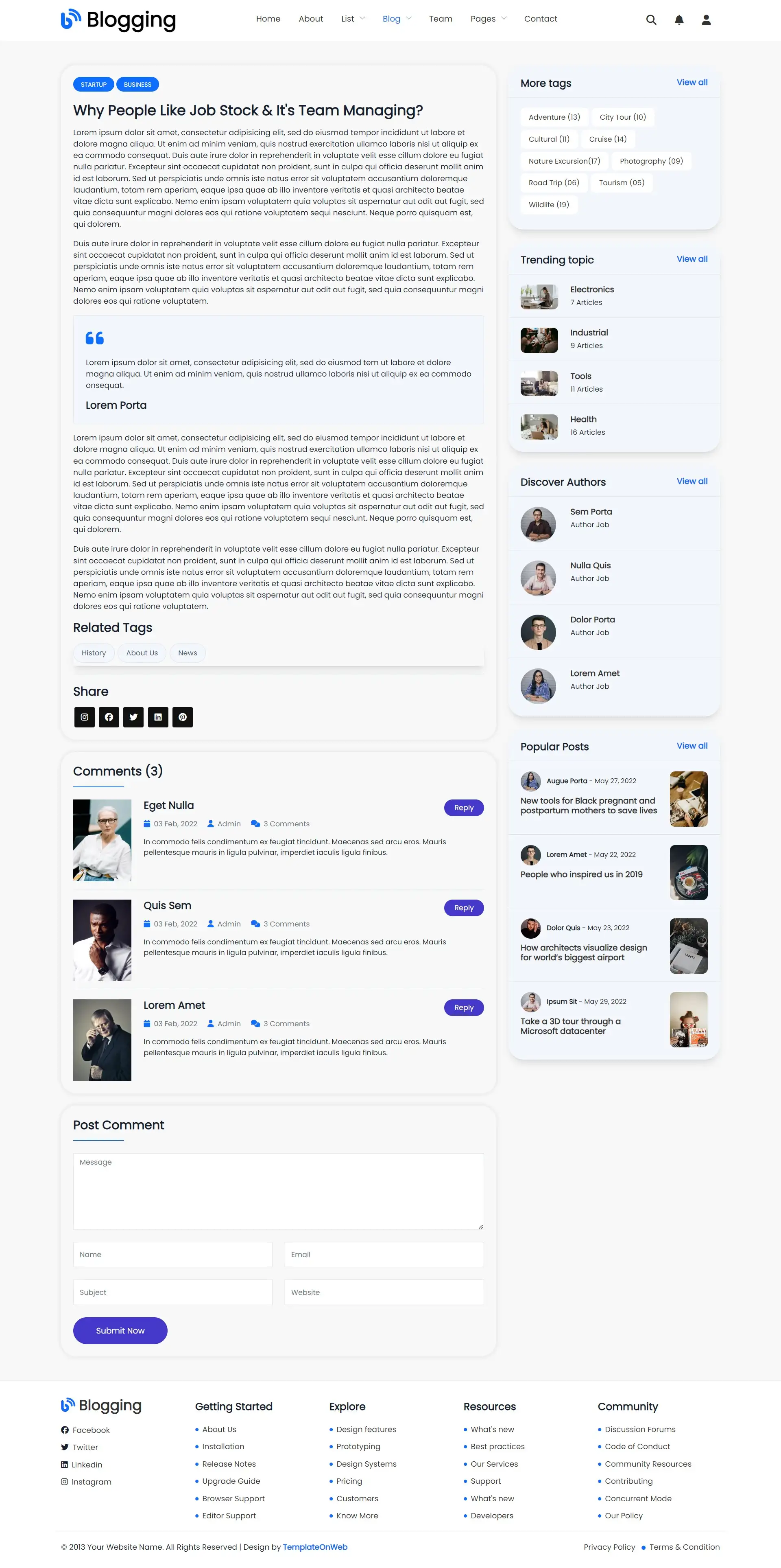 Blog details with user comments web page