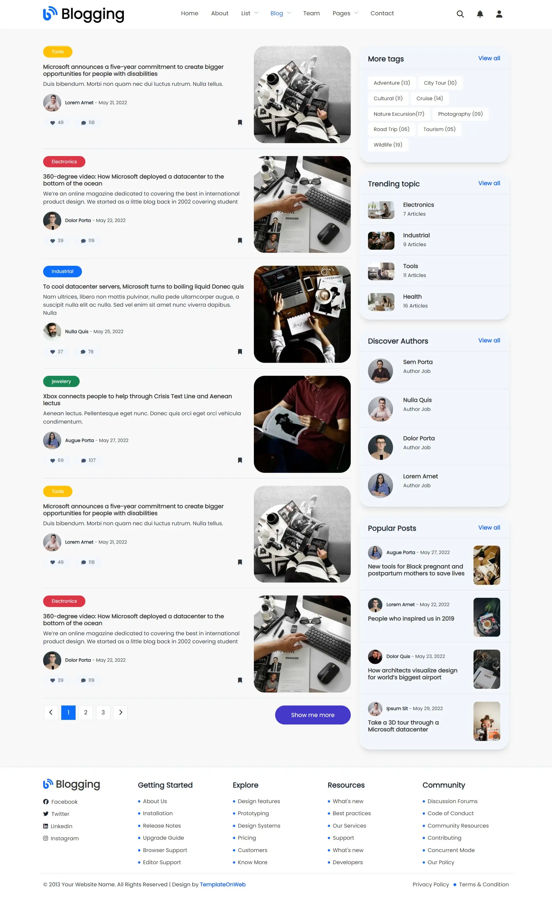 Bloggers blogs listing page web design