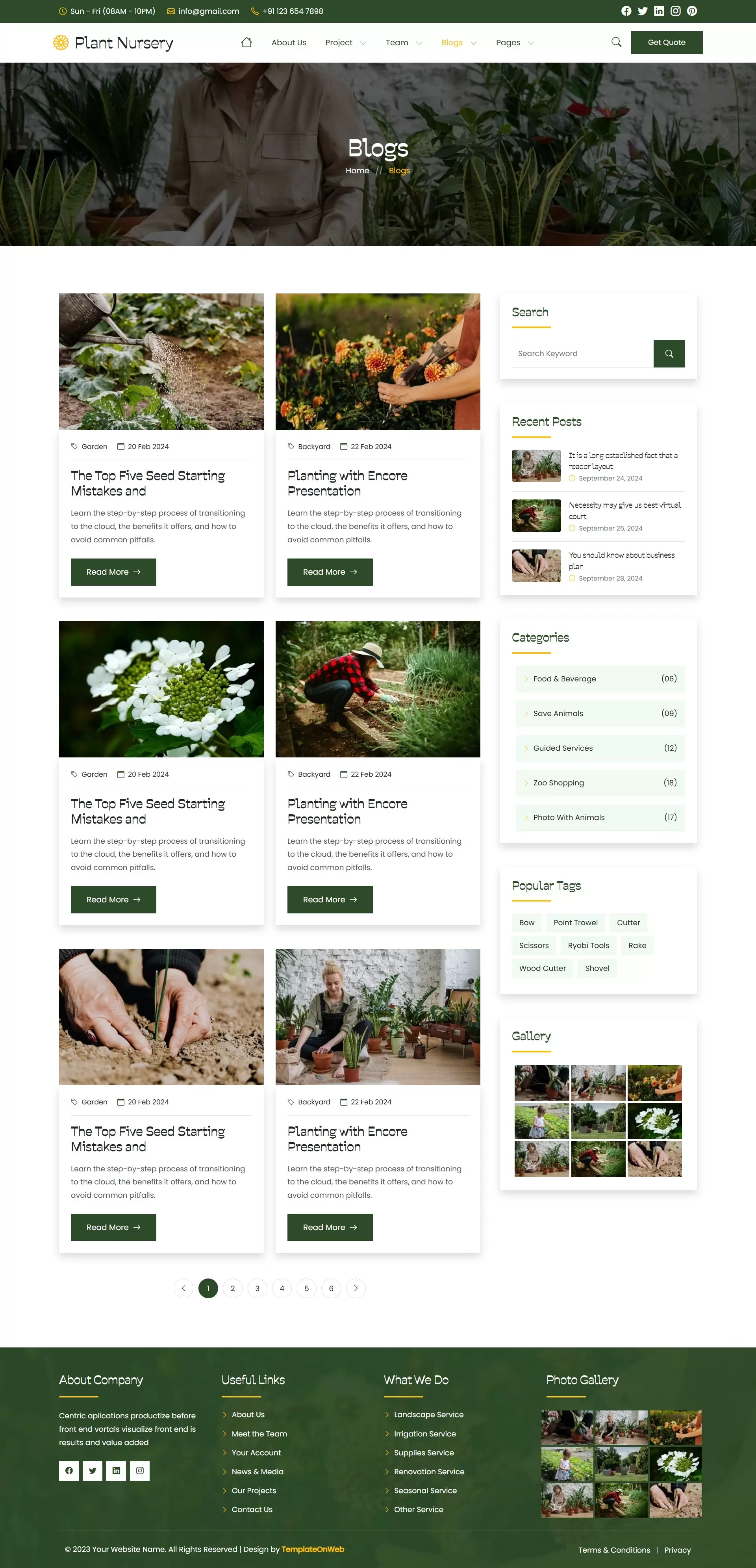 Blog listing page showing recent articles on plant care and gardening