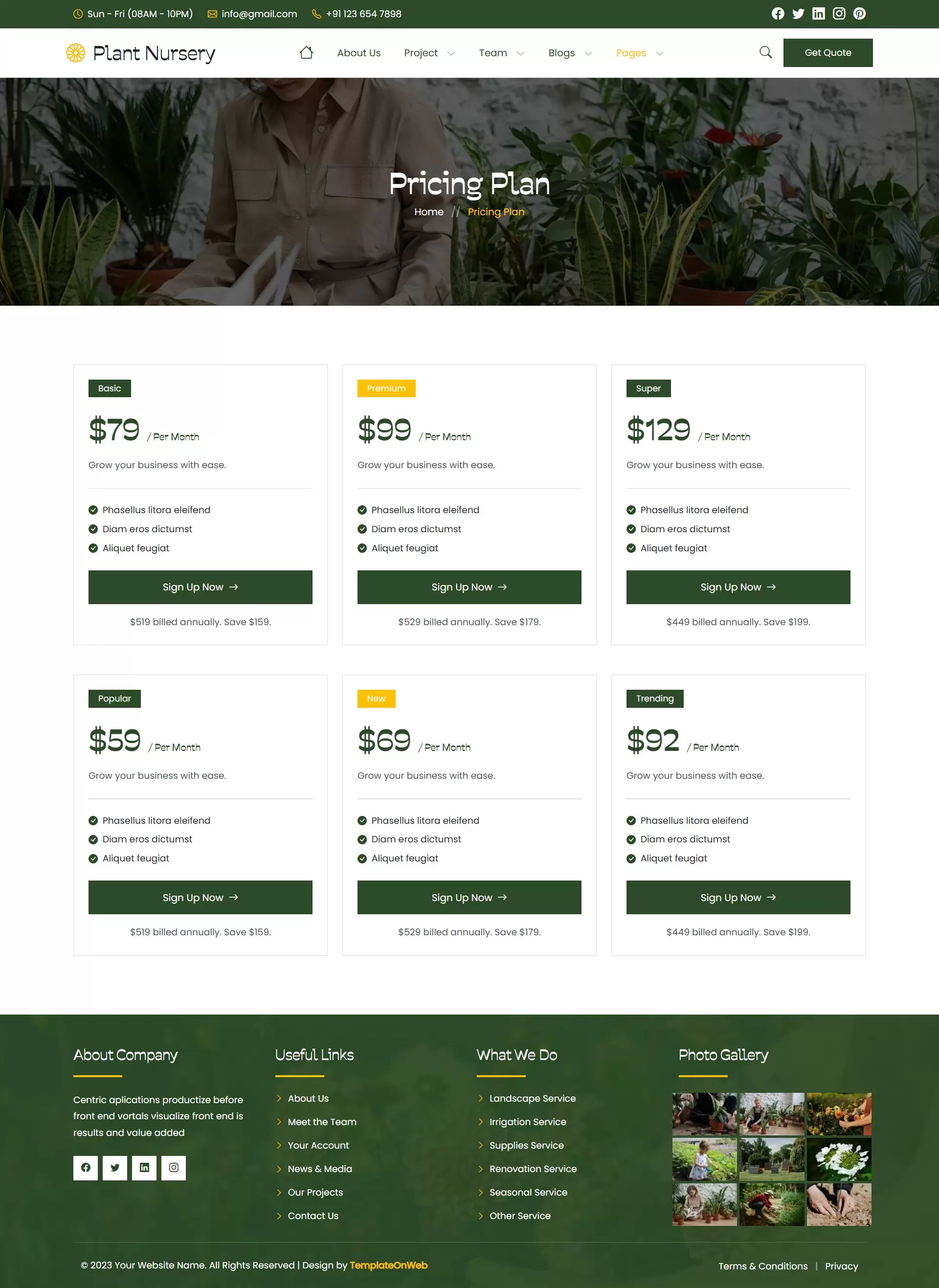 Pricing table showing plant nursery service packages and rates