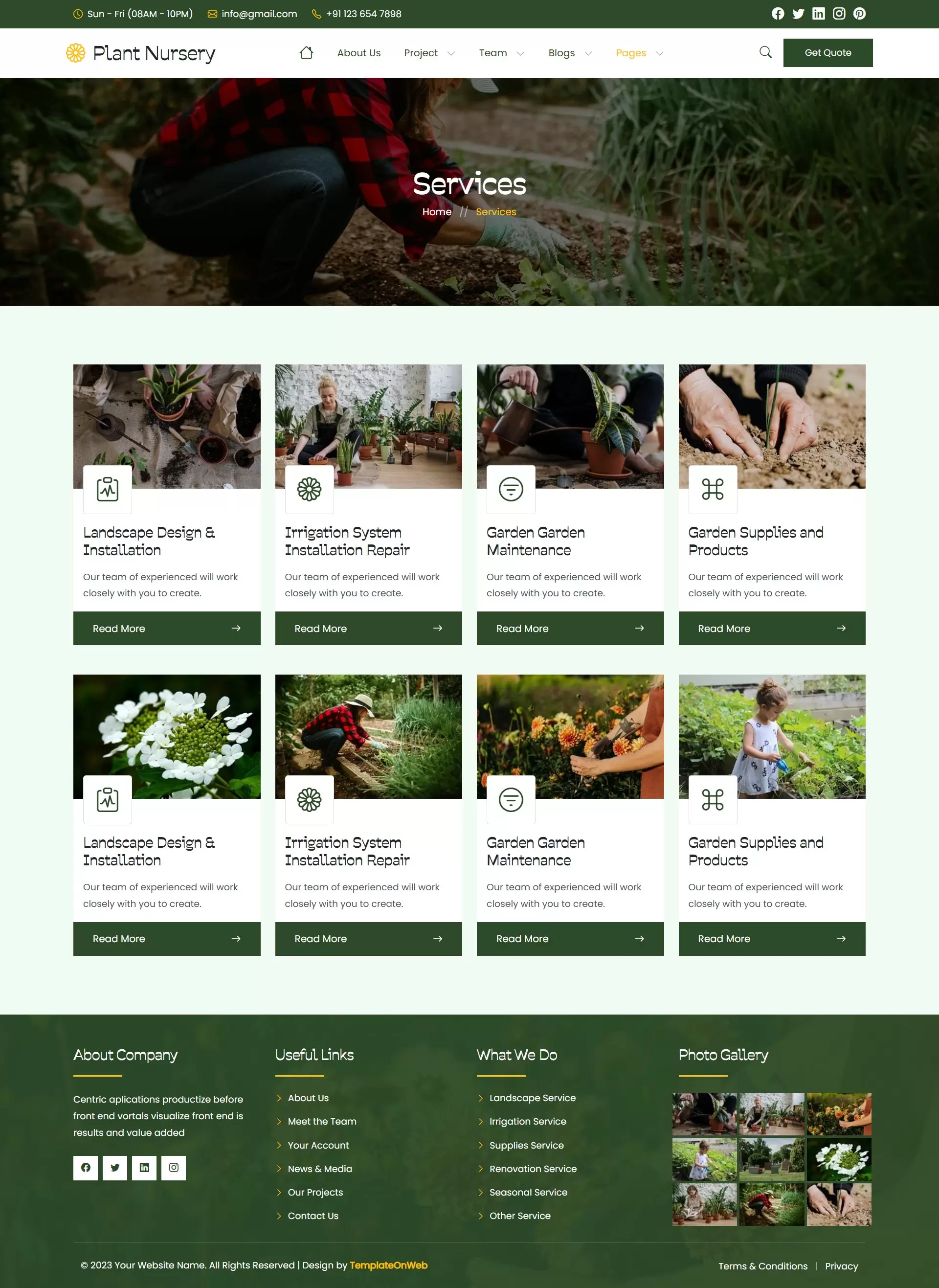 List of plant nursery services including planting and landscaping