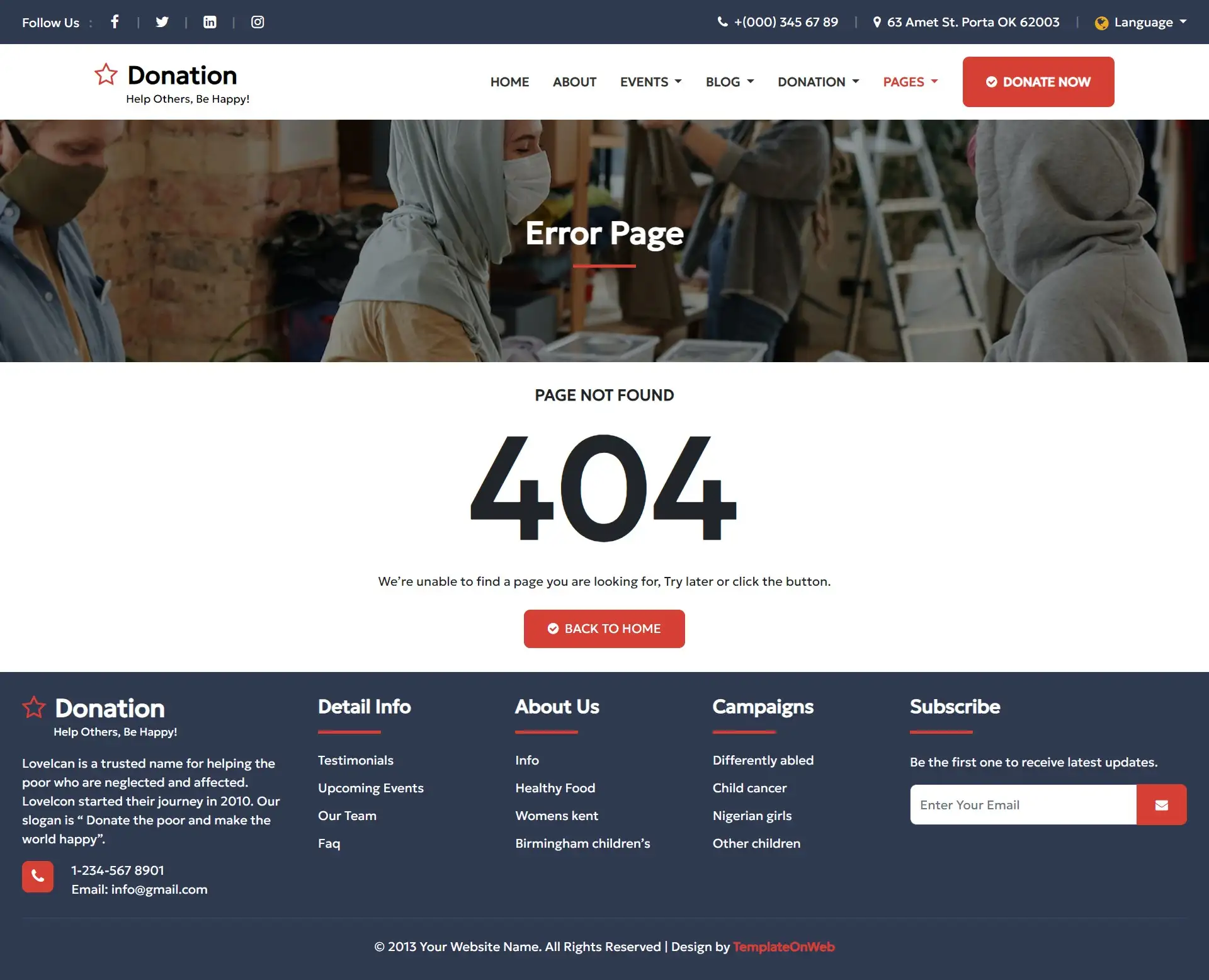 Donation website template error web page