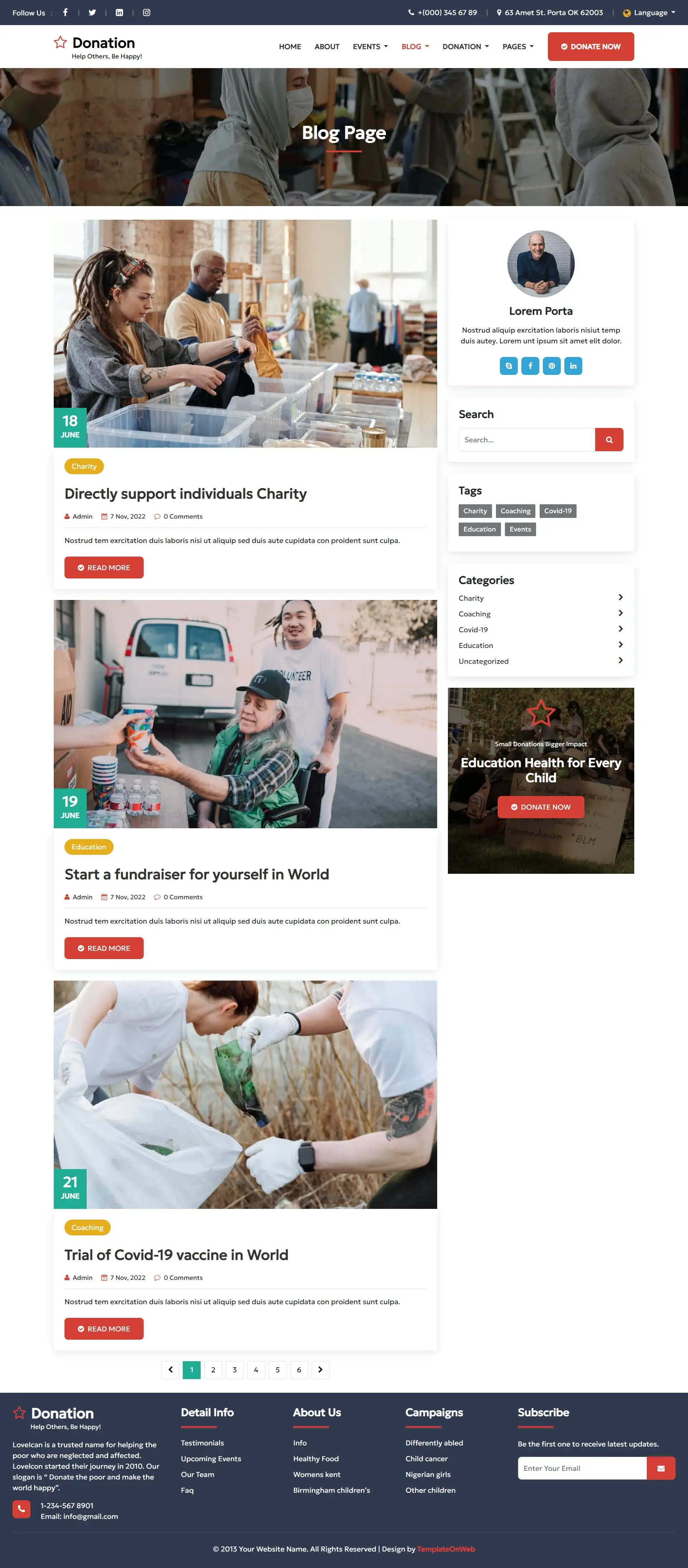 Online donation blogs page template