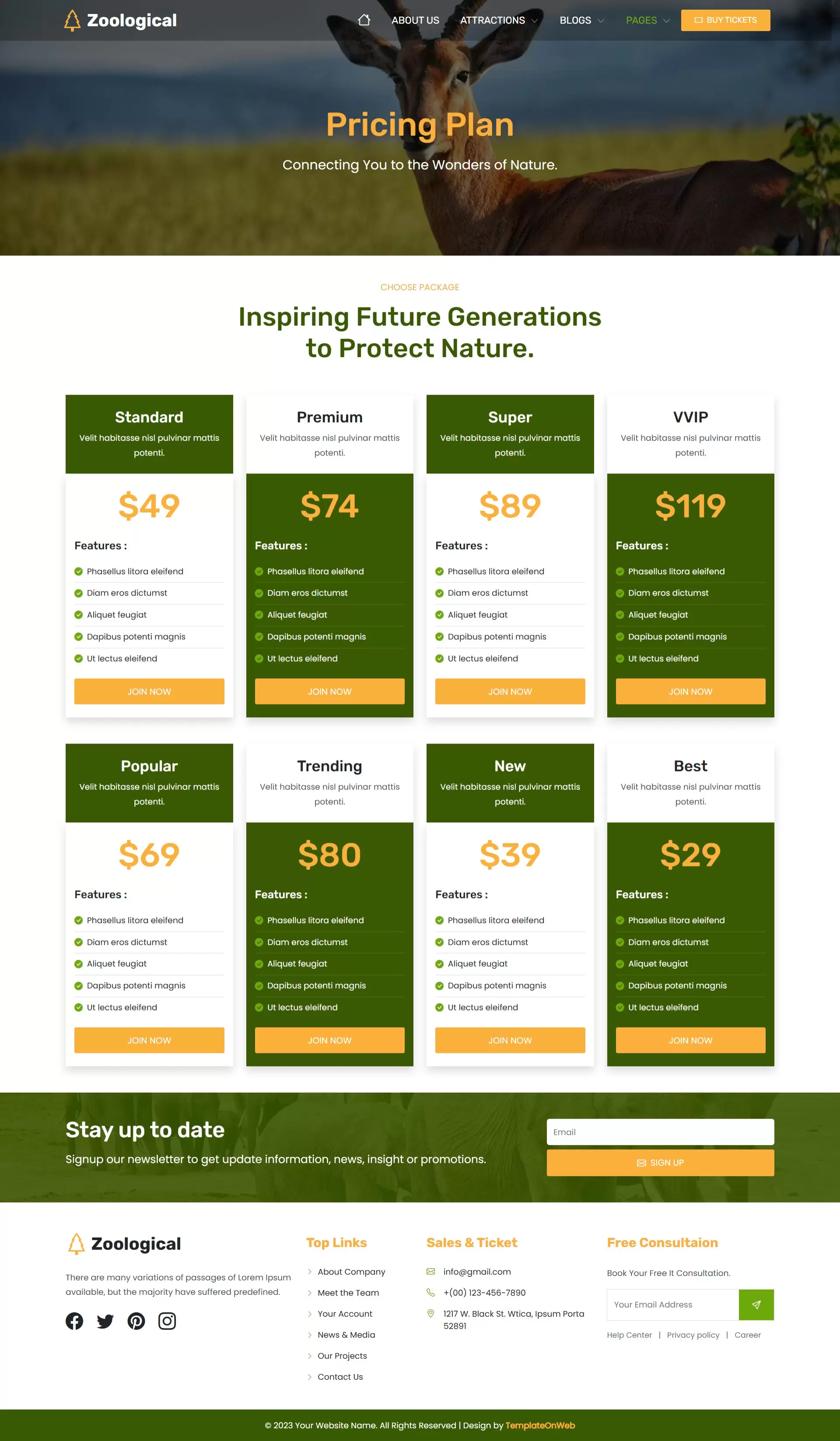 Price chart for different jungle safari tour packages