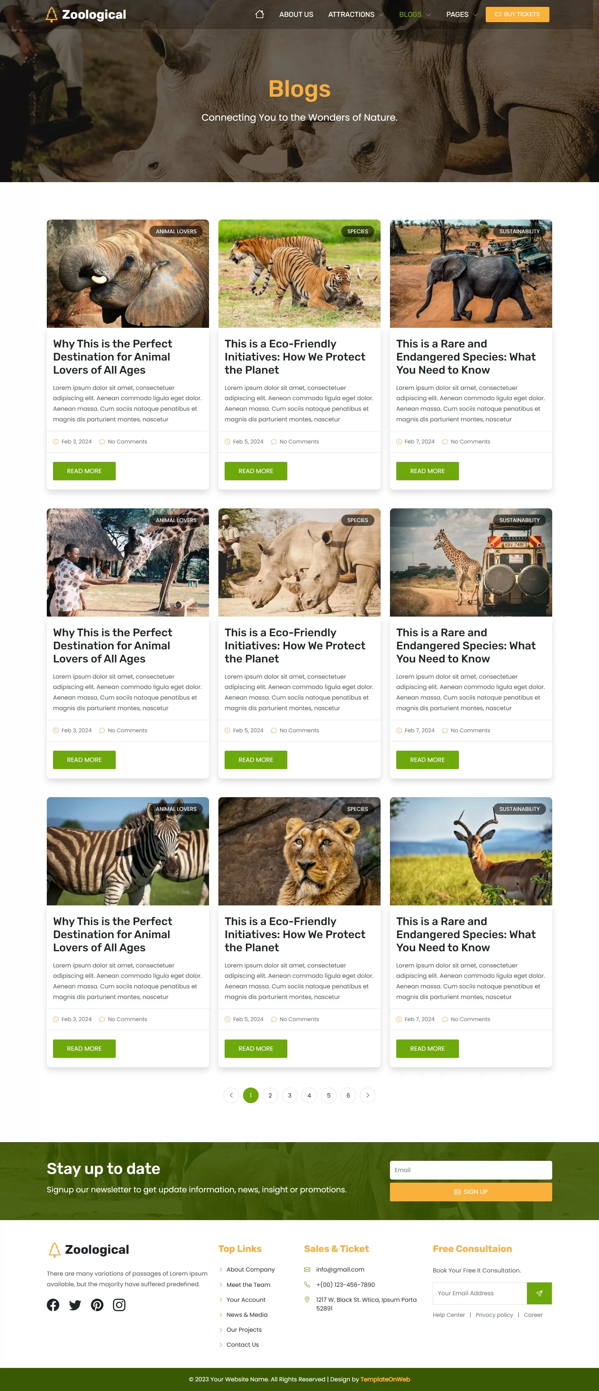 Wild Animal Blog Page Layout in HTML