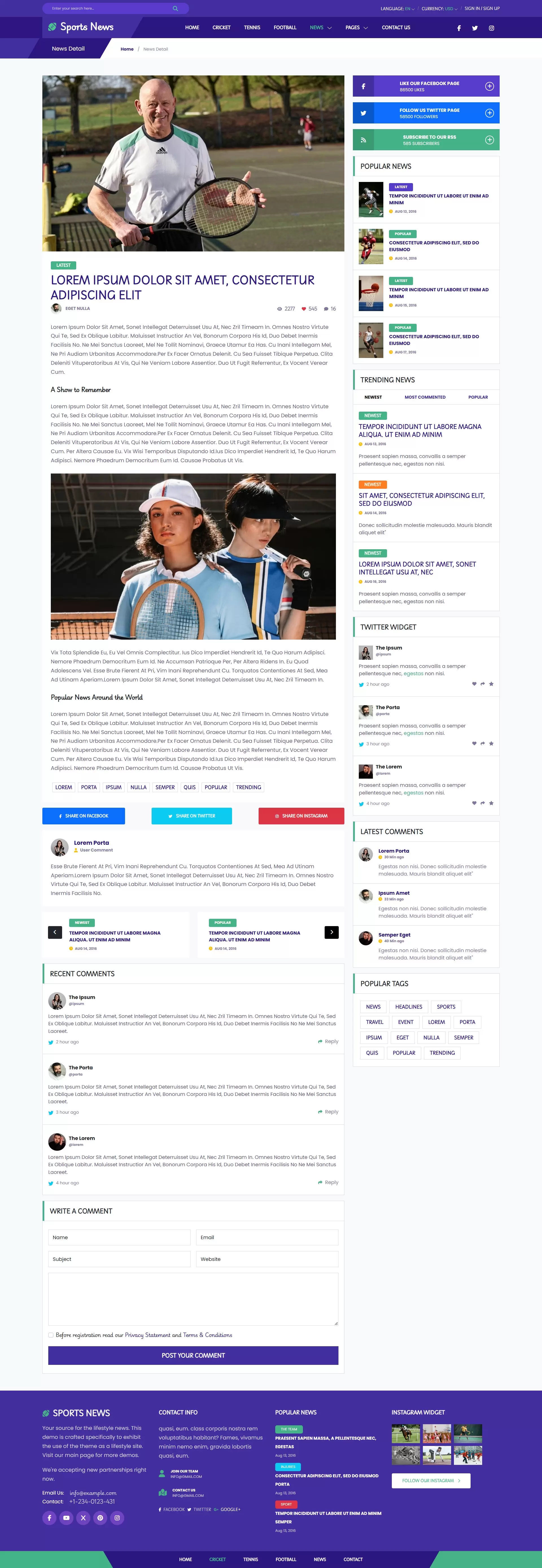 Sports news details web page screen