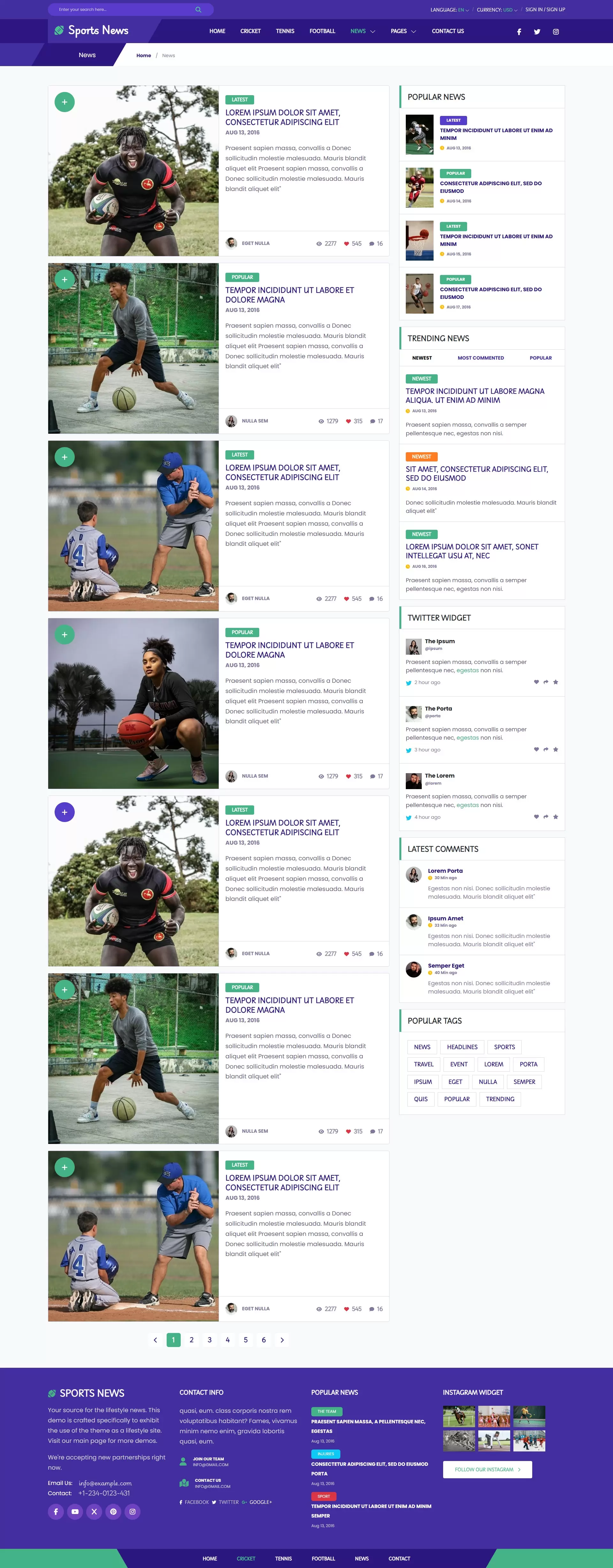 Sports news listing html page screen