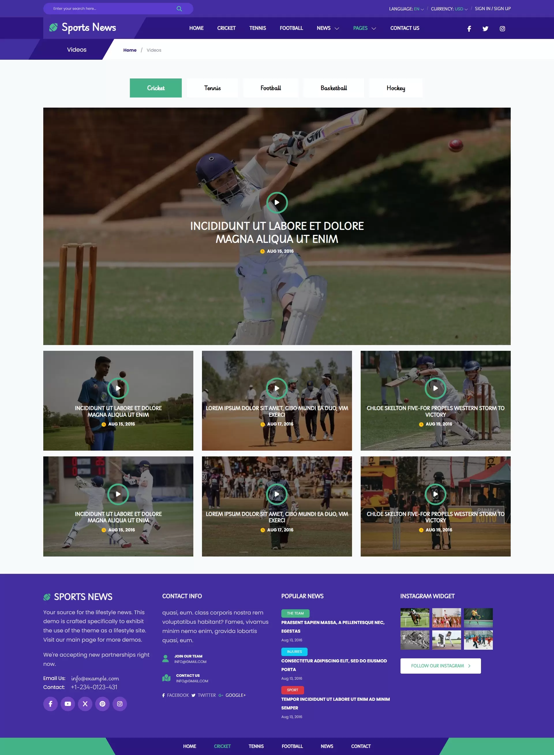 Sports news videos page html