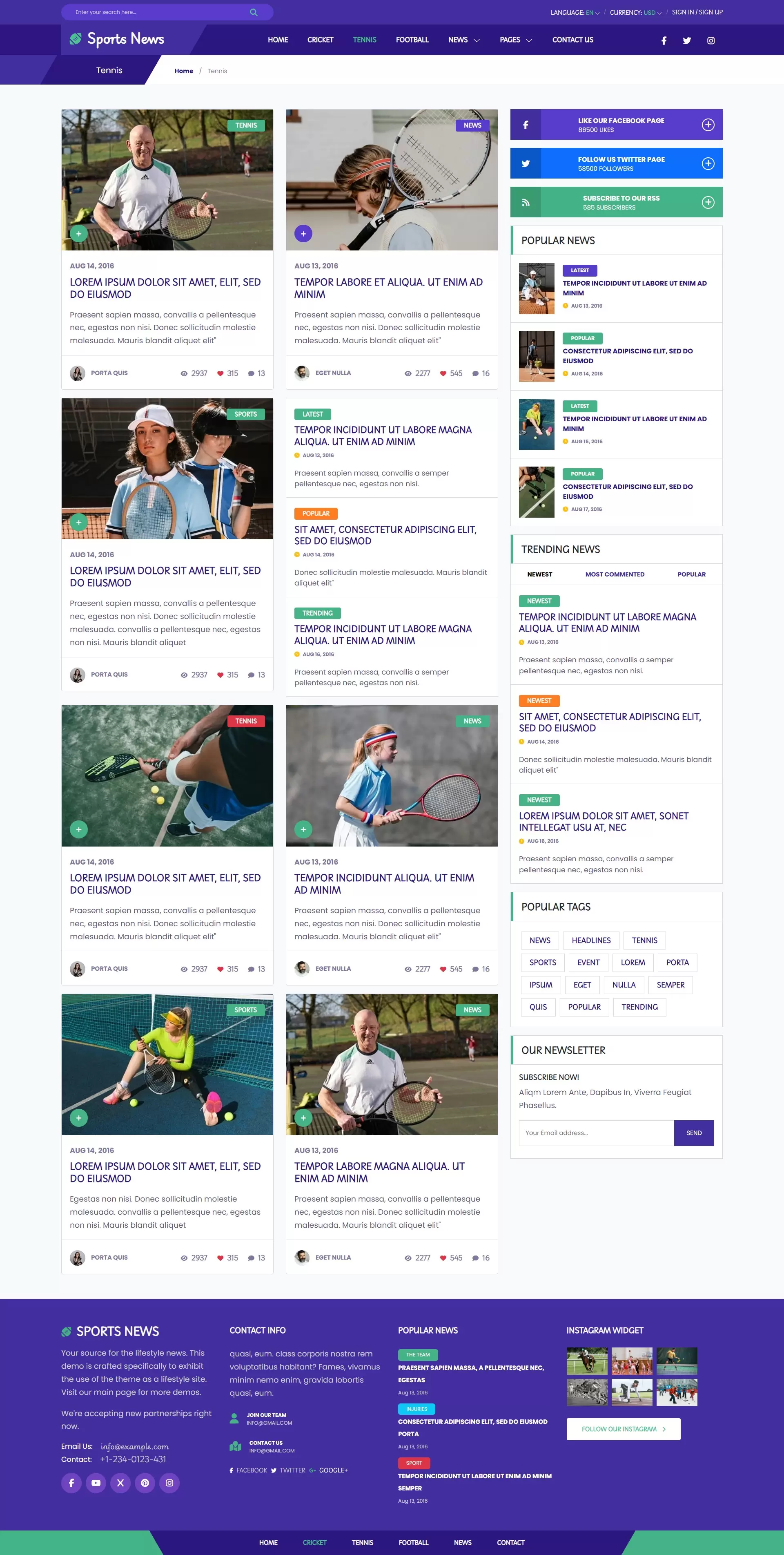 Tennis news page in bootstrap5