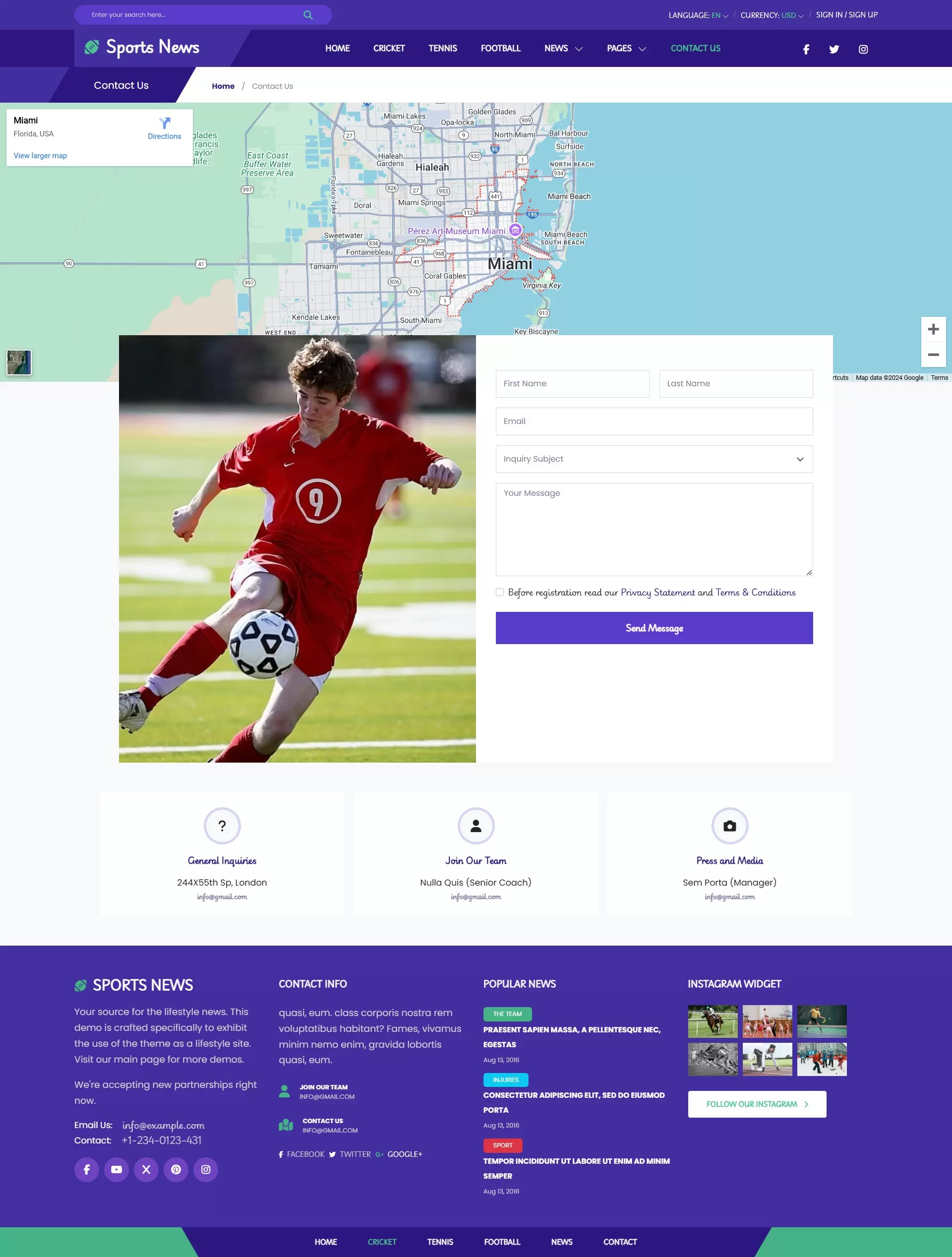 Sports news related user queries form page