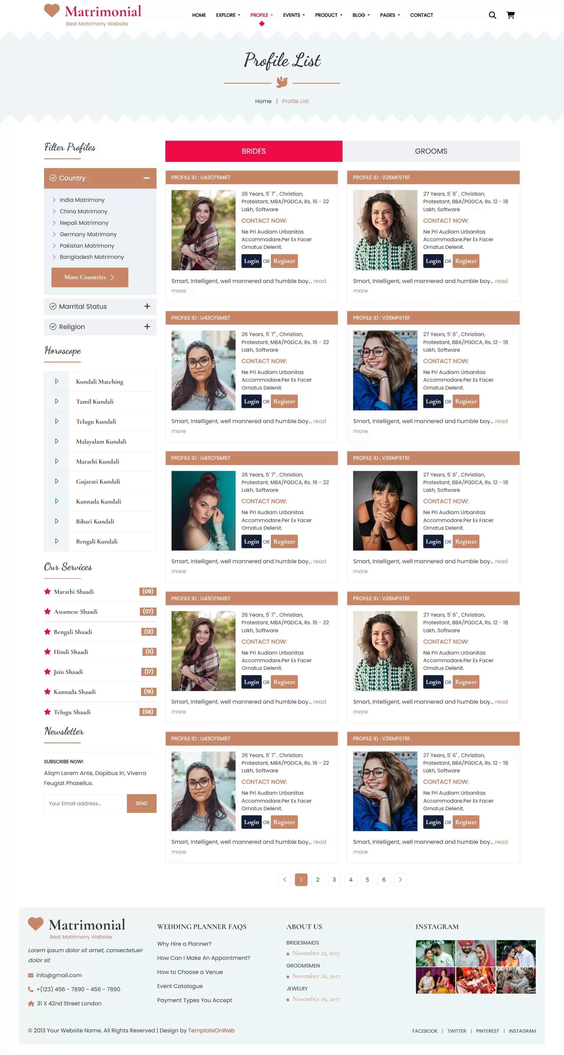 Displays grooms and brides search results based on user preferences