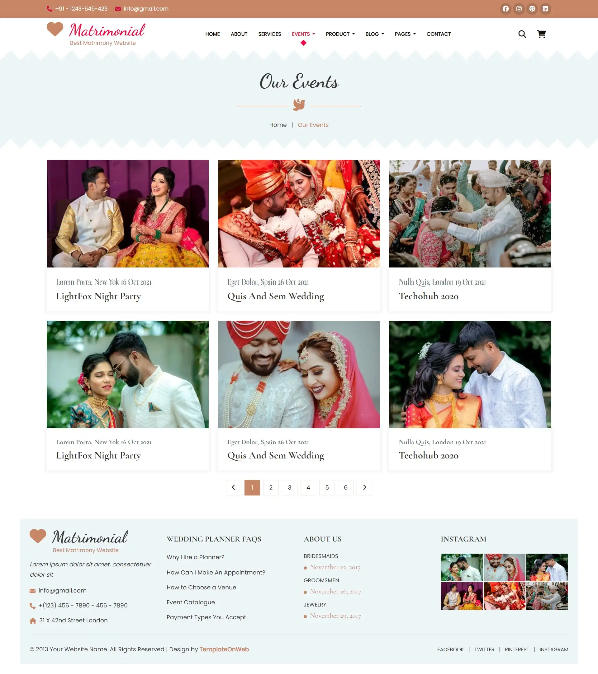 Indian marriage bureau events list page web design