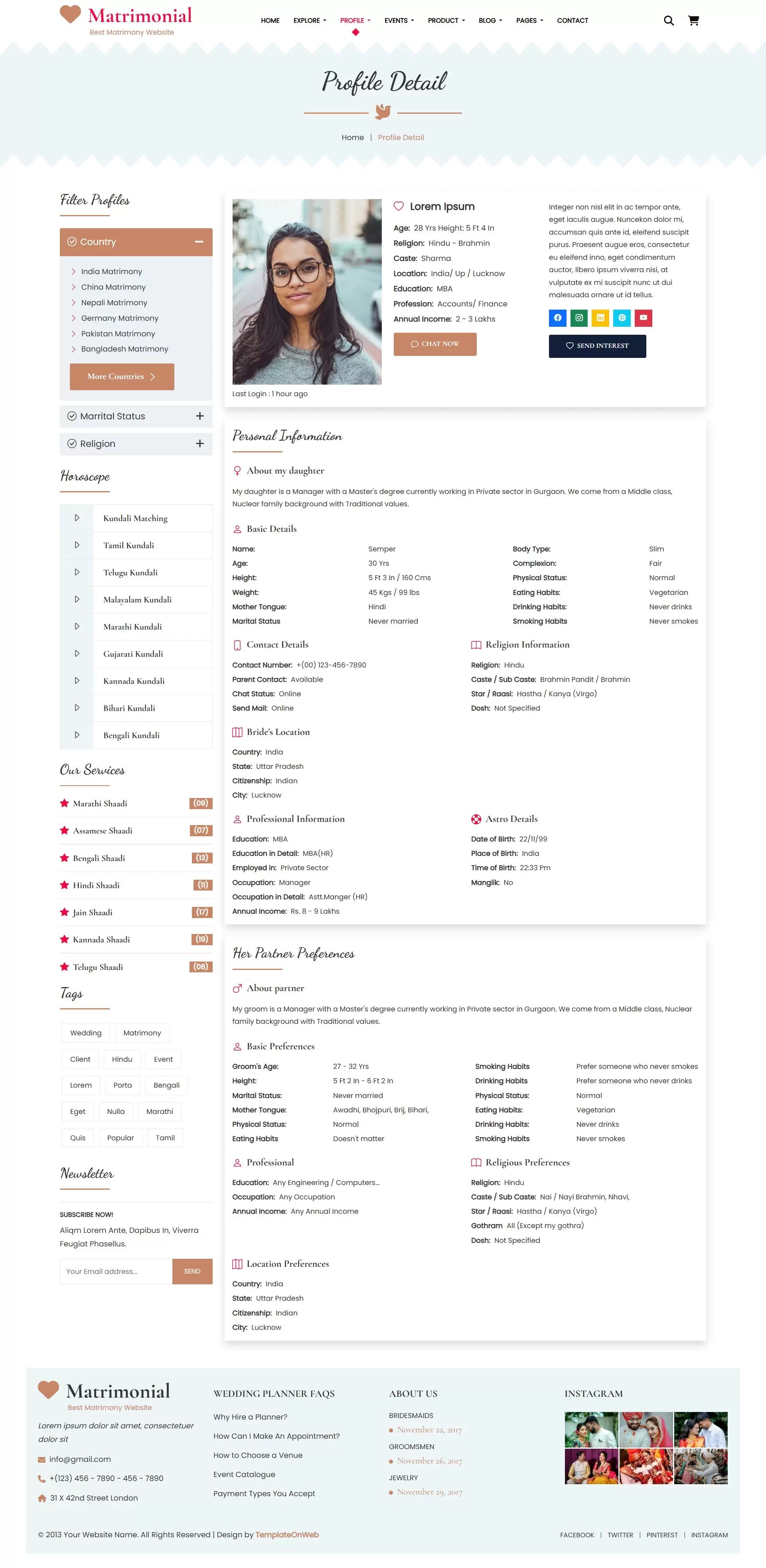 Profile details page to show Photos, bio, education, profession, and family details
