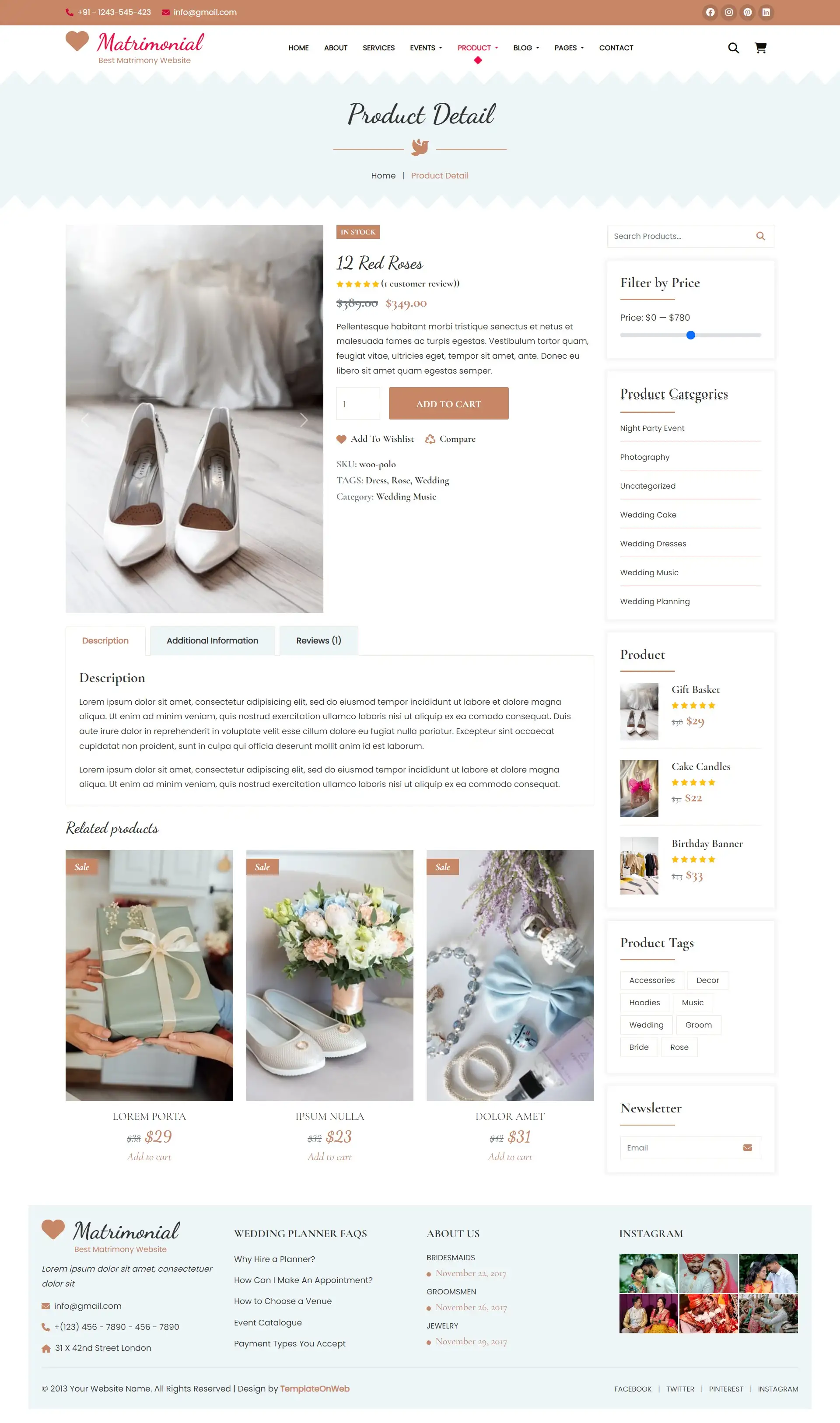 Bride & groom wedding product details web page