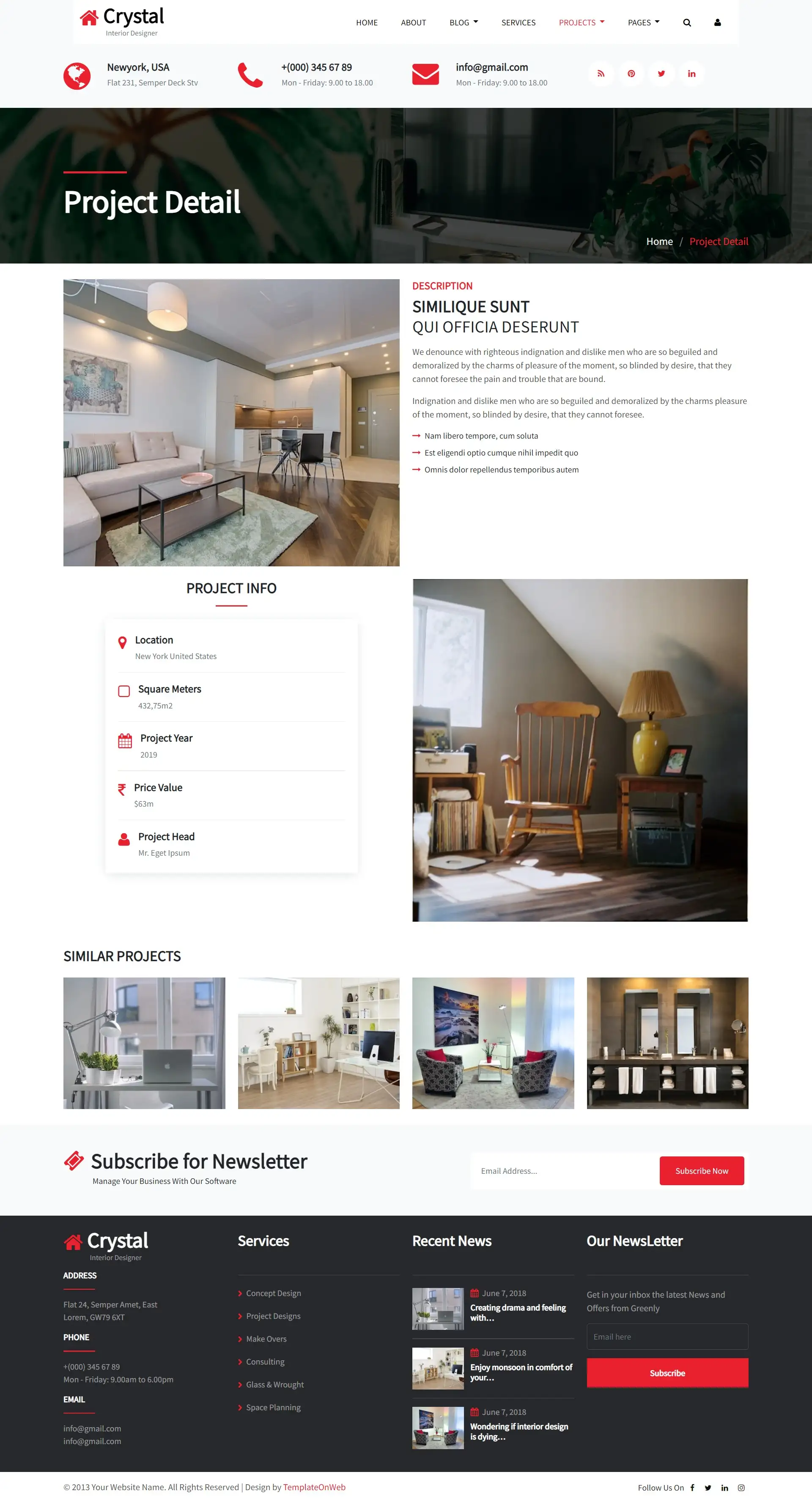 Modern living room design project details web template