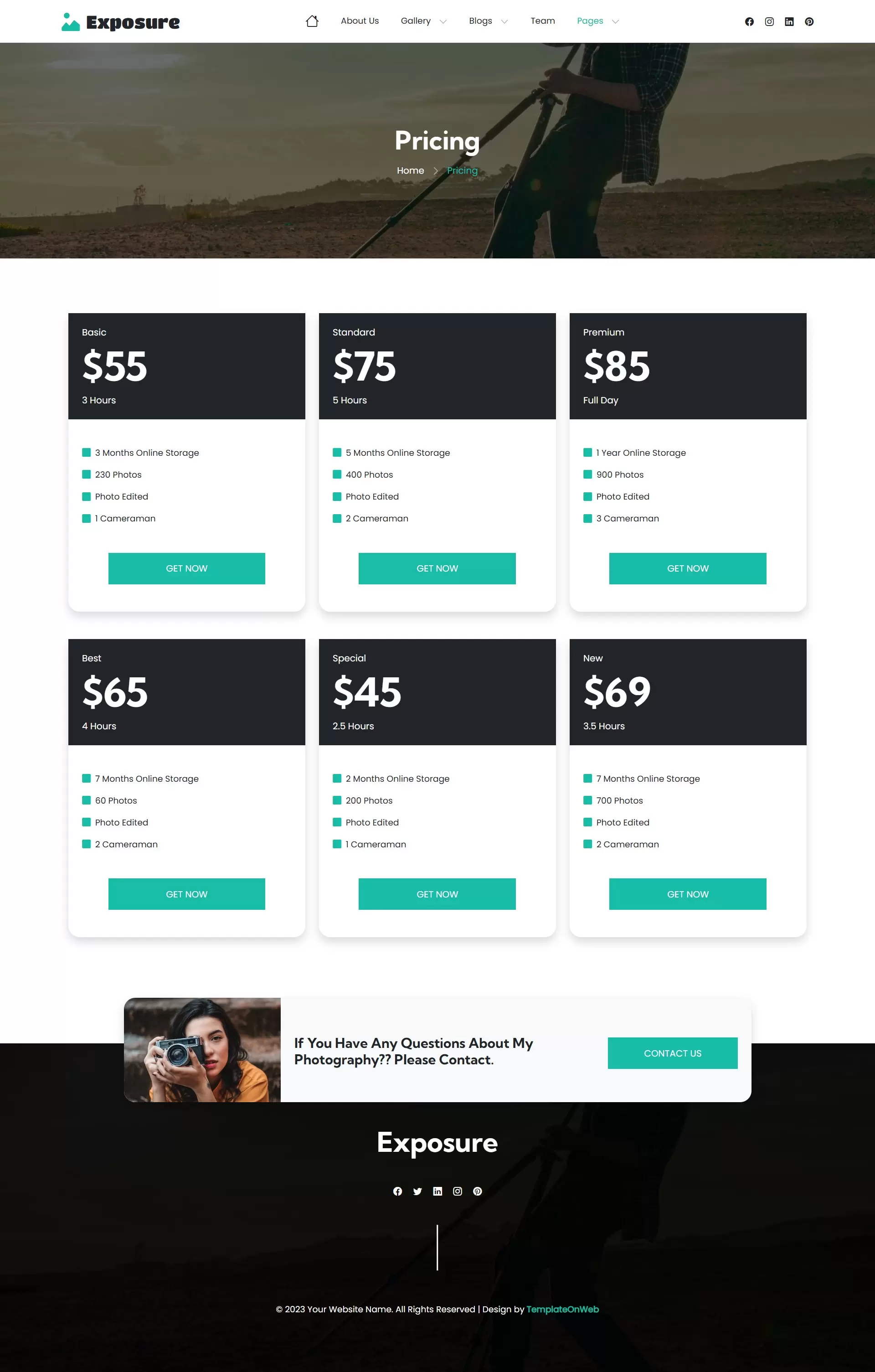 This page showcases various packages for digital photo downloads