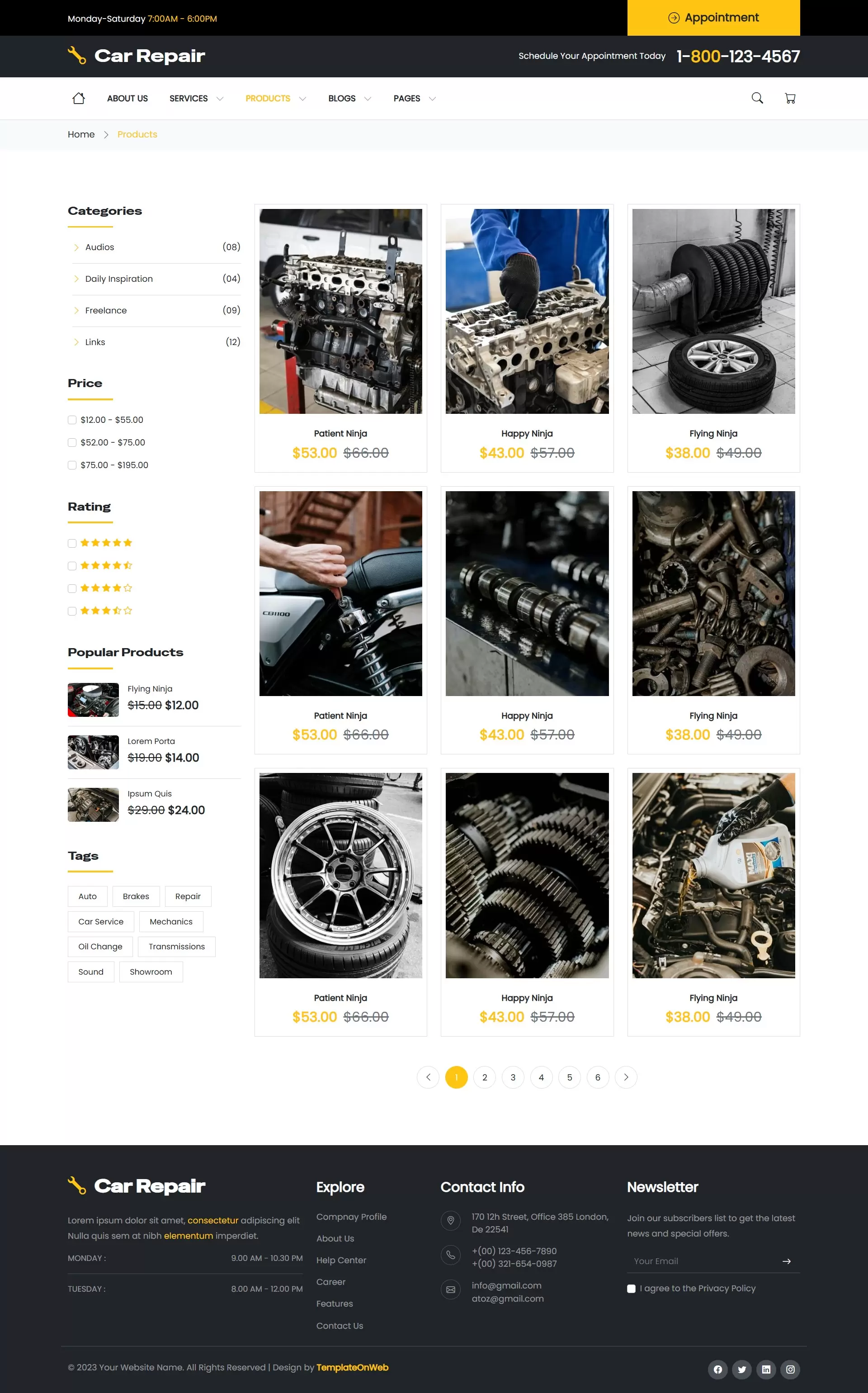 Auto repairing parts listing web page