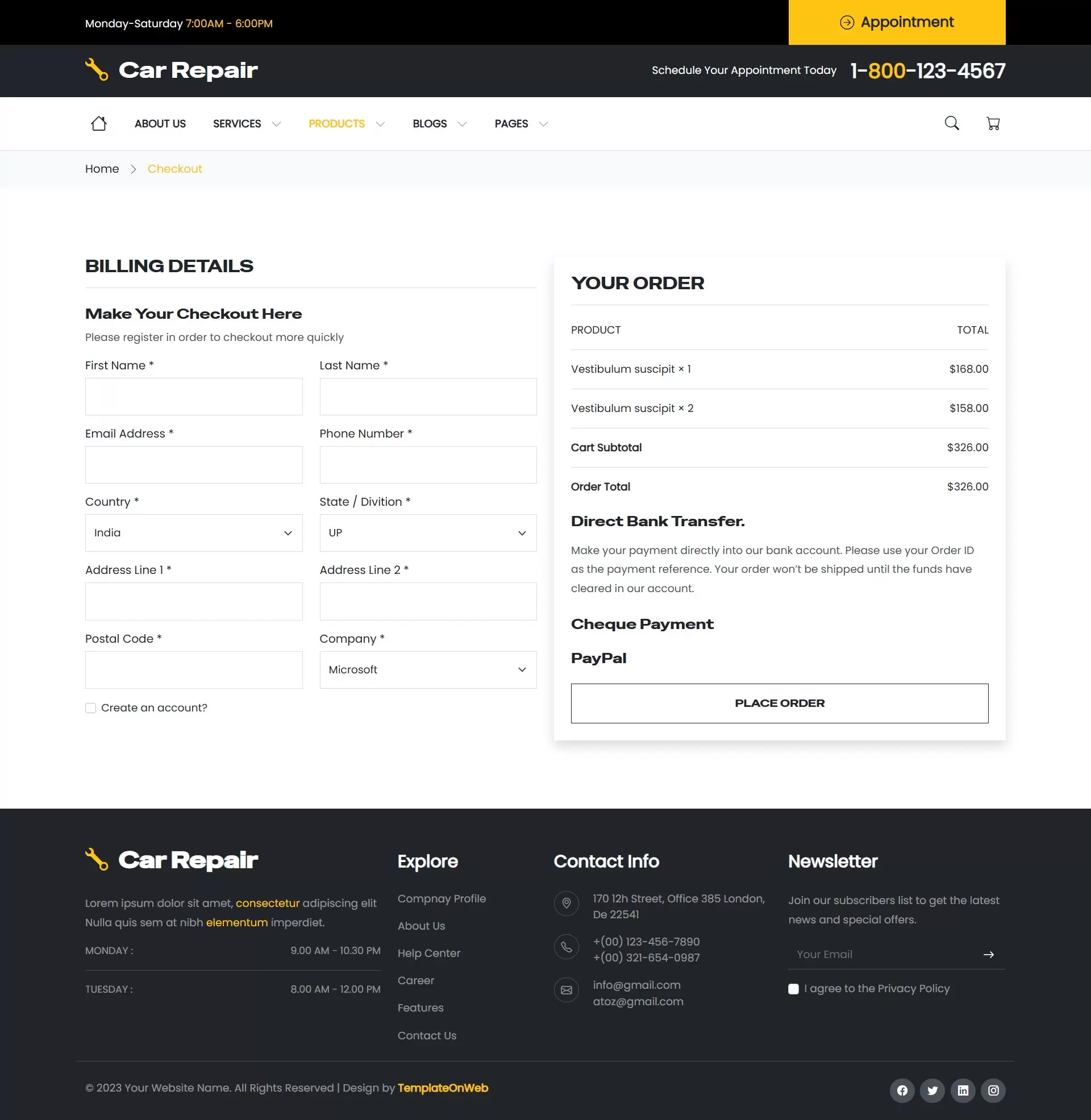 Online shopping checkout page
