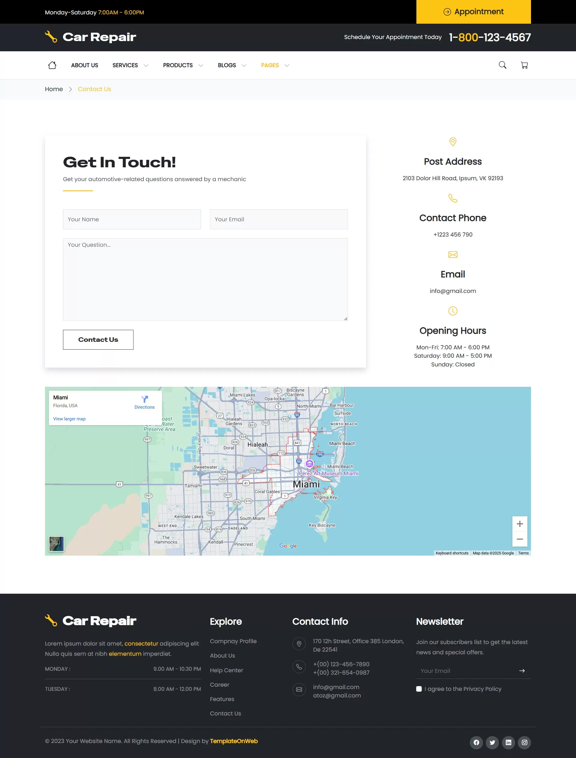Contact Page – Phone, email, address, and embedded Google Map