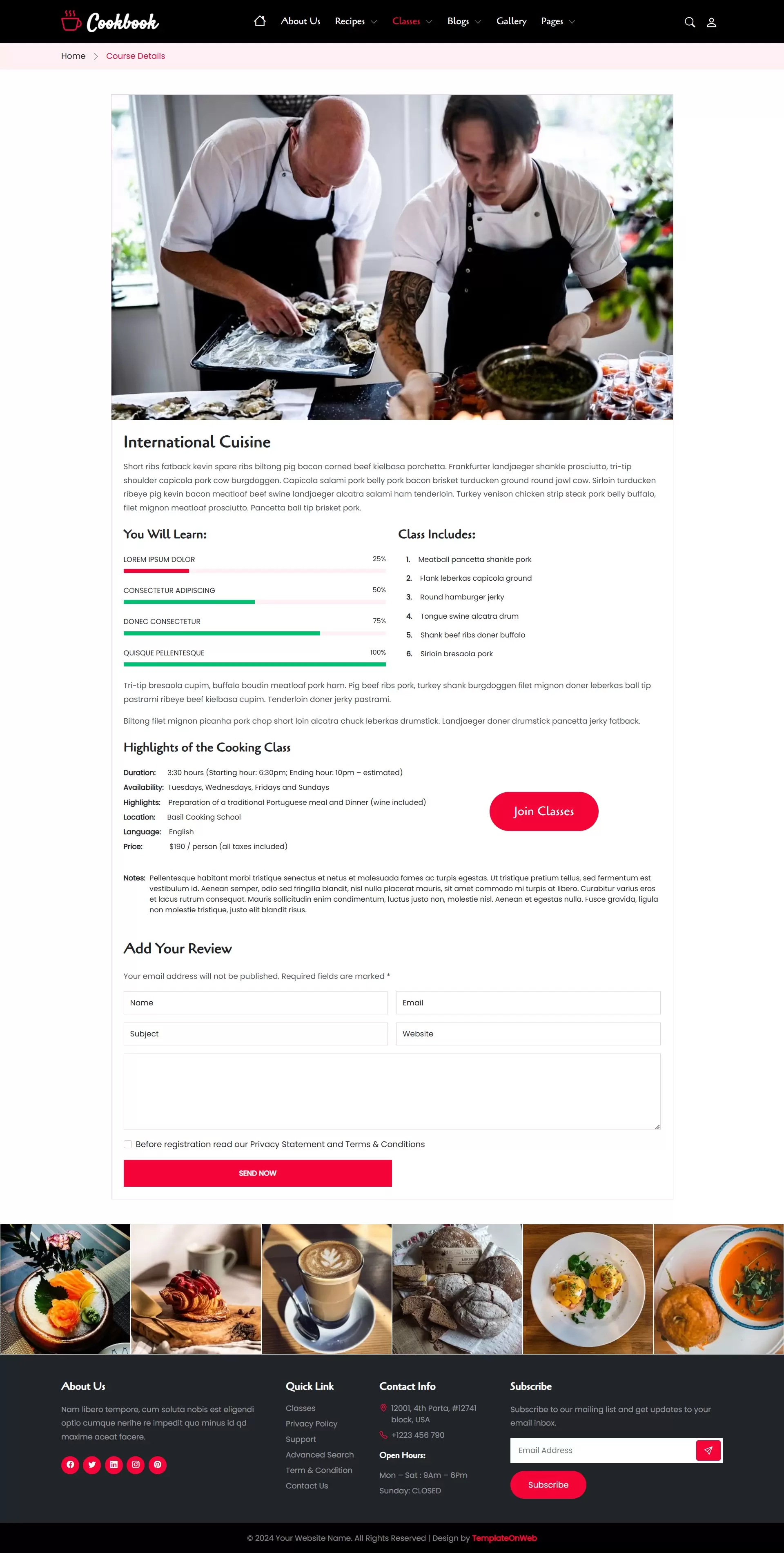 Cooking course details with join course option and customer review form