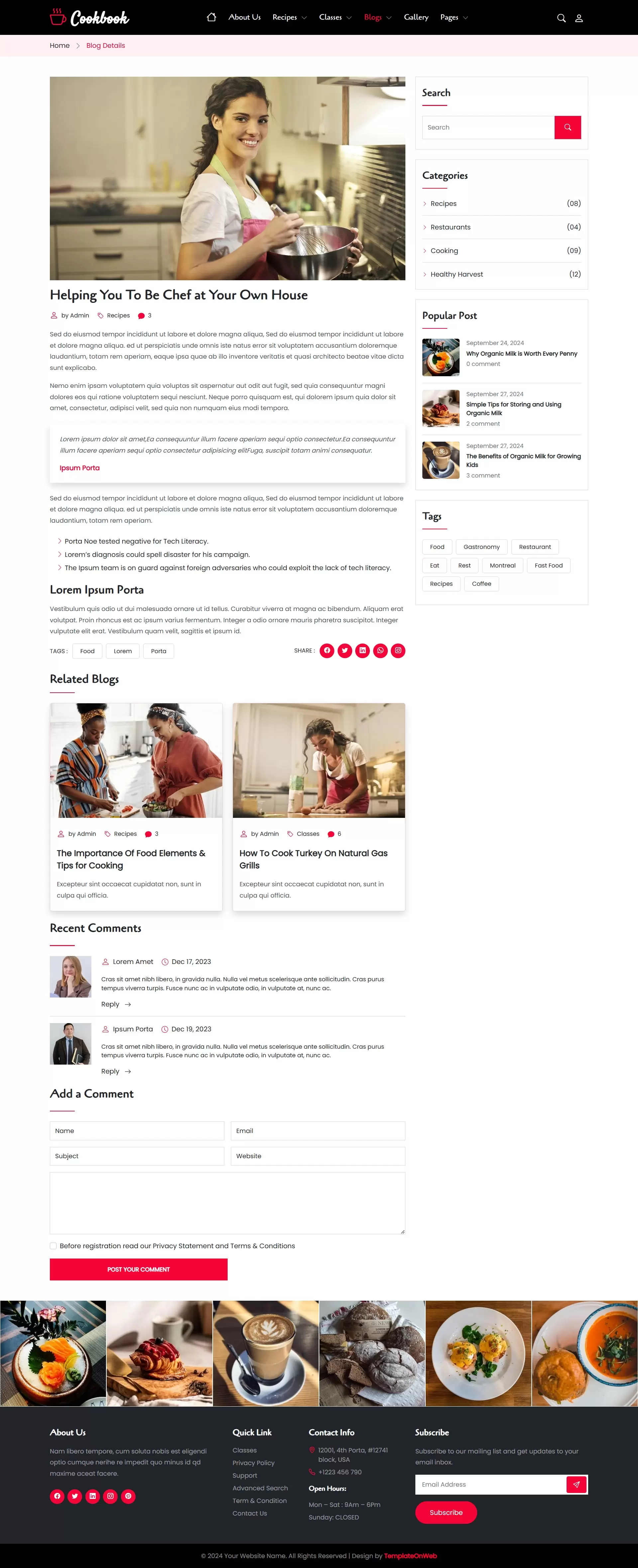 Showcase cooking techniques blog details with food lover comments