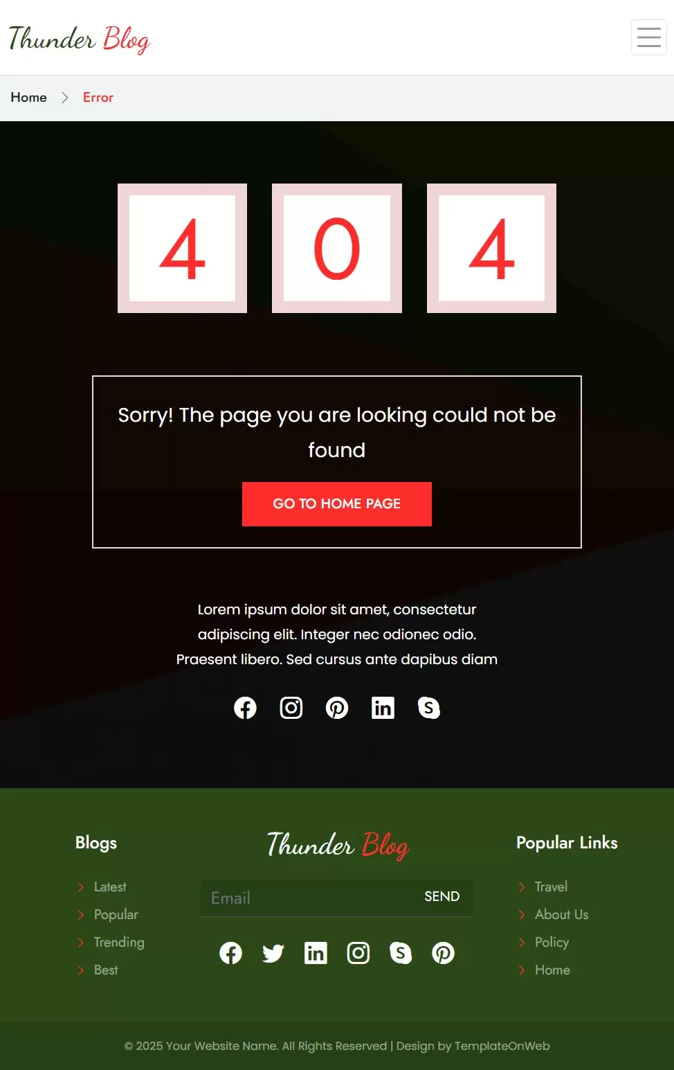 Custom 404 error page design for News Blog Website Template