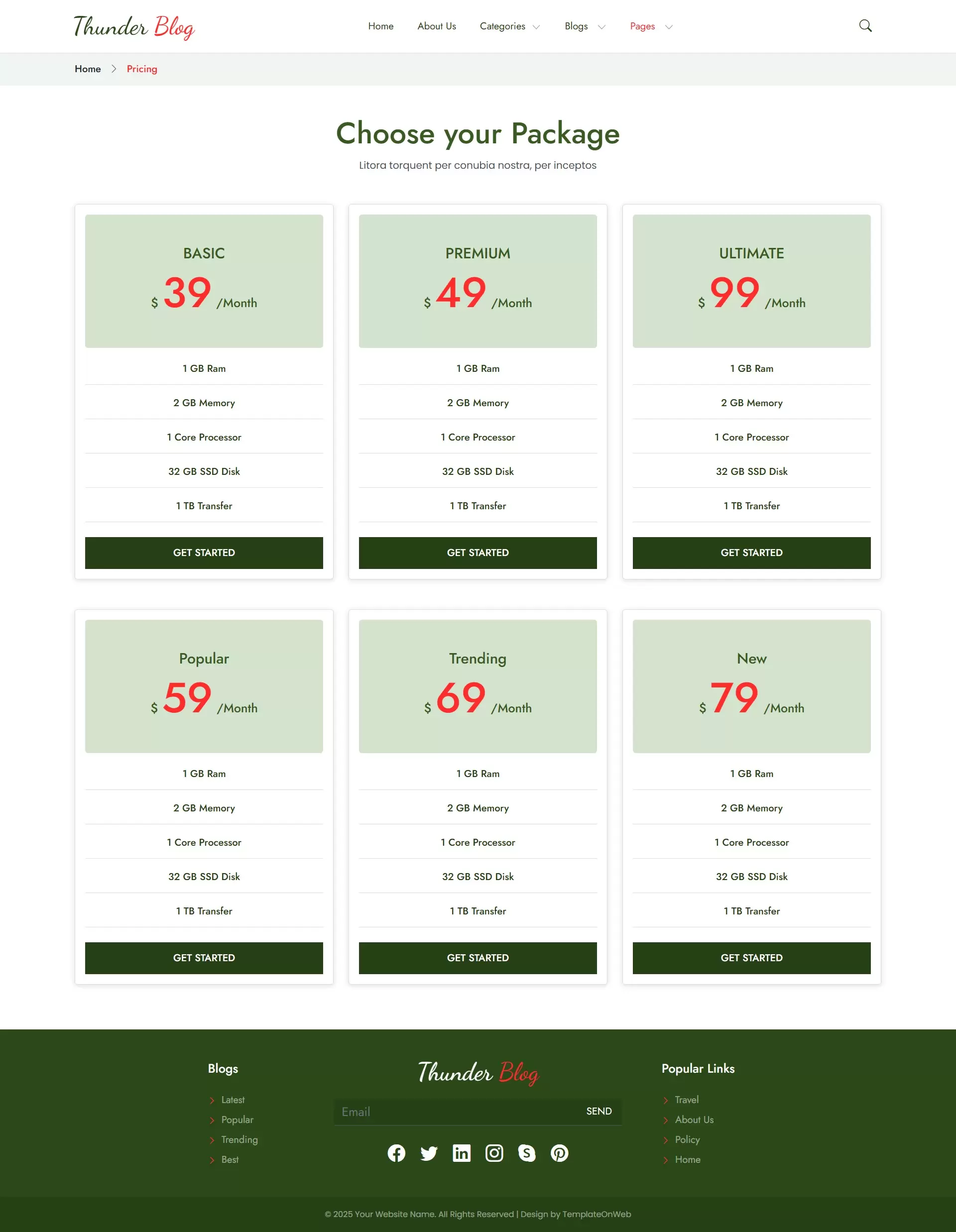 Modern pricing page for subscription and membership plans