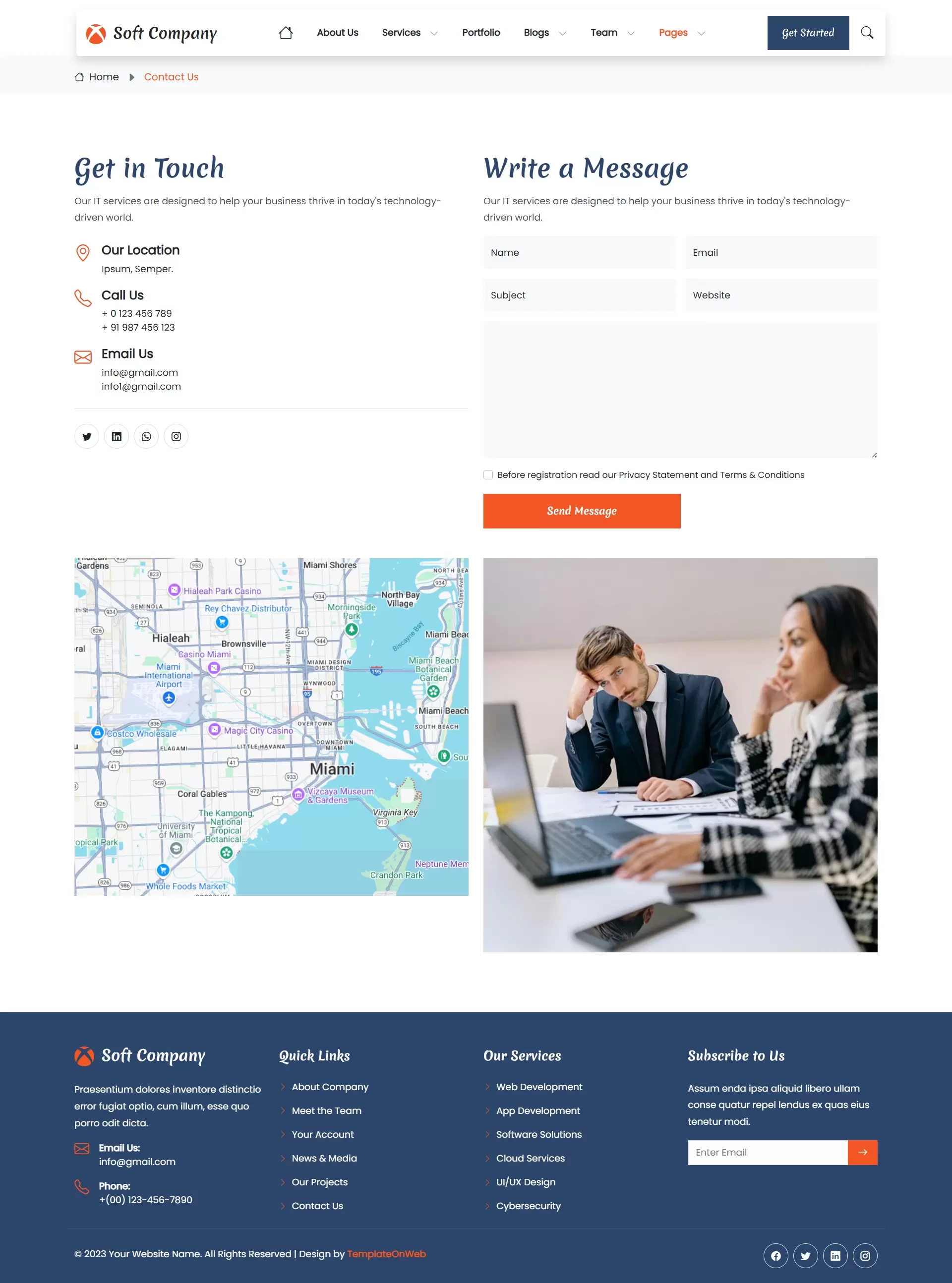 Contact Us page layout with contact form, Google Map integration, and social media links