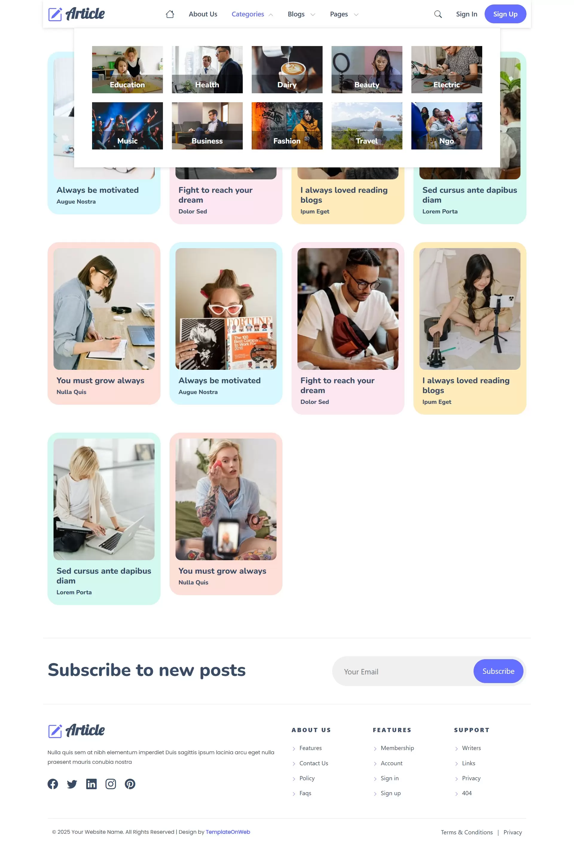 Subject categories grid – organized topics for education articles