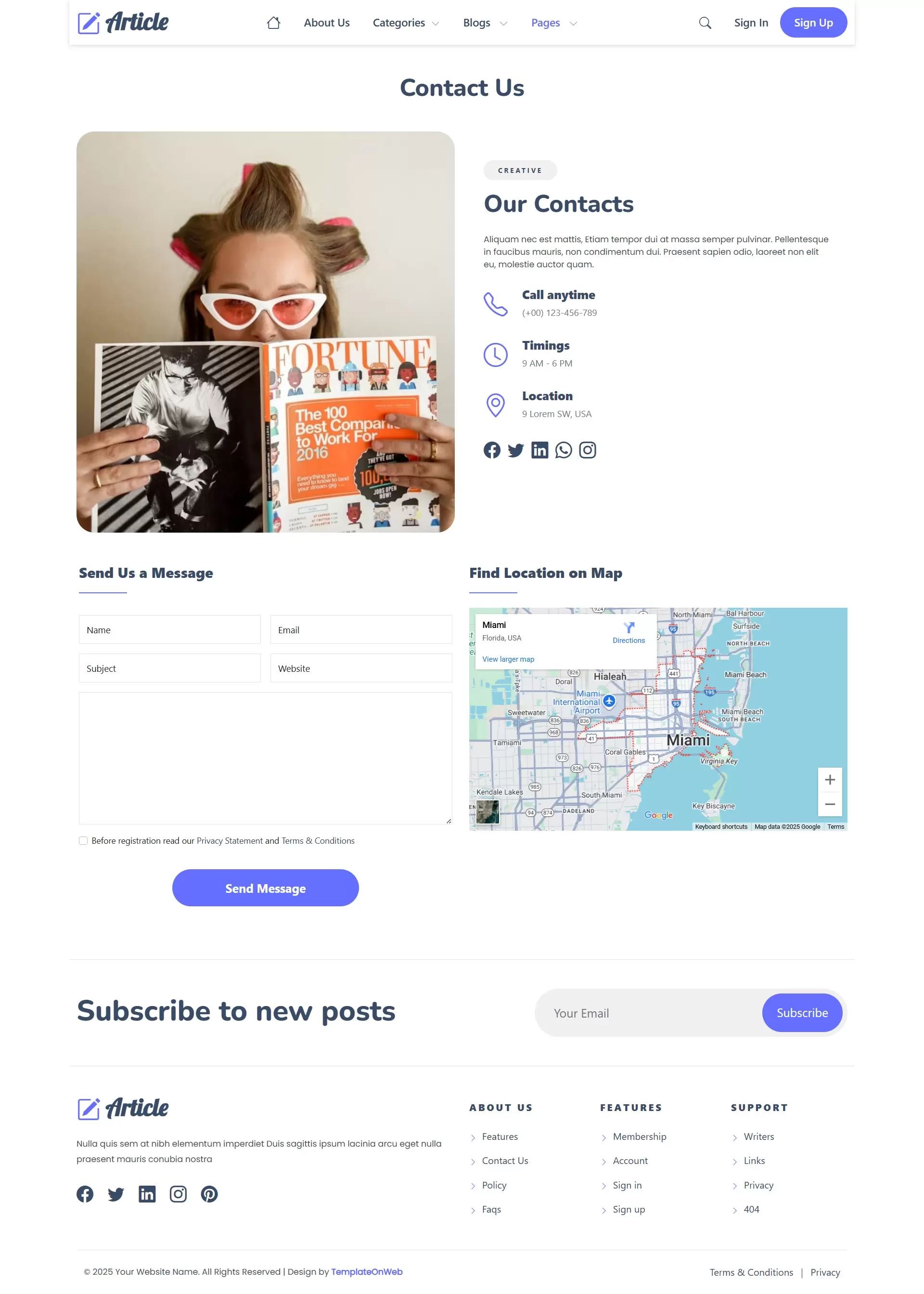 Contact page – inquiry form, address, and map for Education Blog
